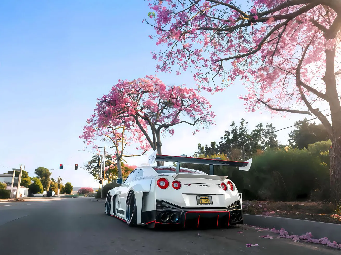 跑车 浪漫 樱花树下 机车 壁纸预览