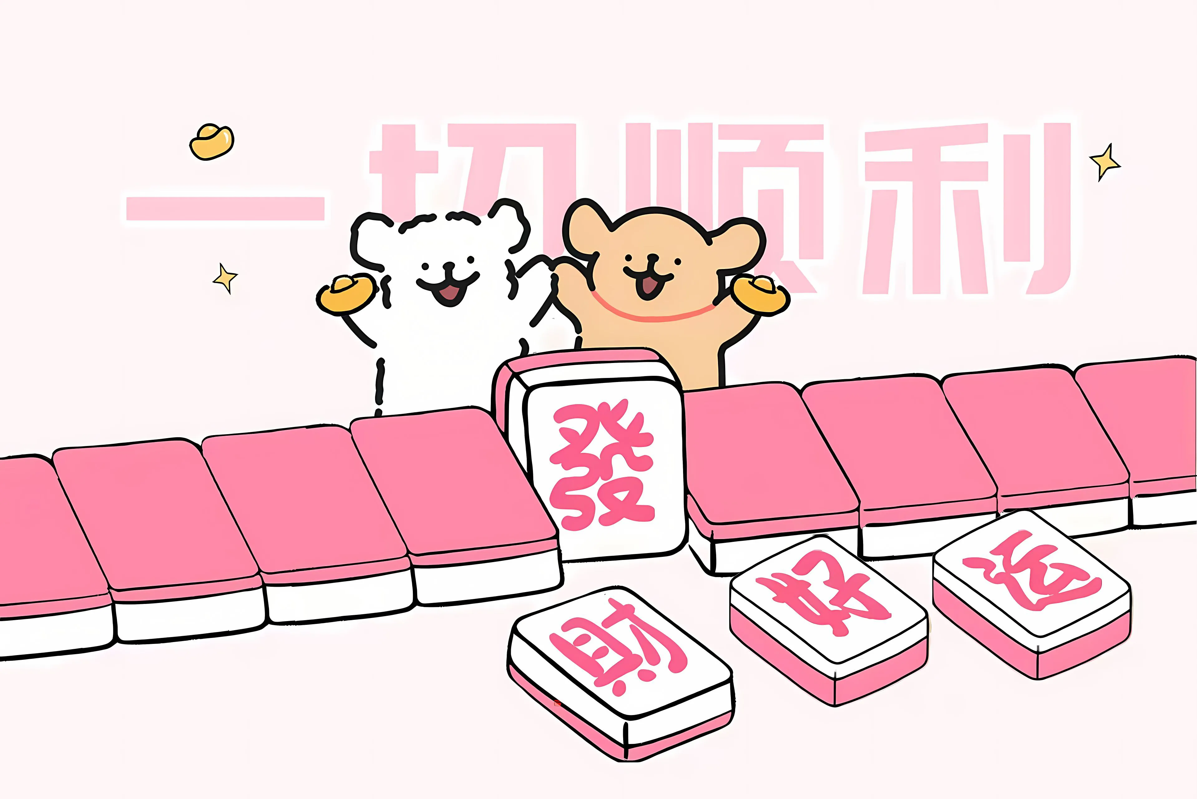 卡通 可爱 线条小狗 麻将 粉色系 顺风顺水 壁纸预览