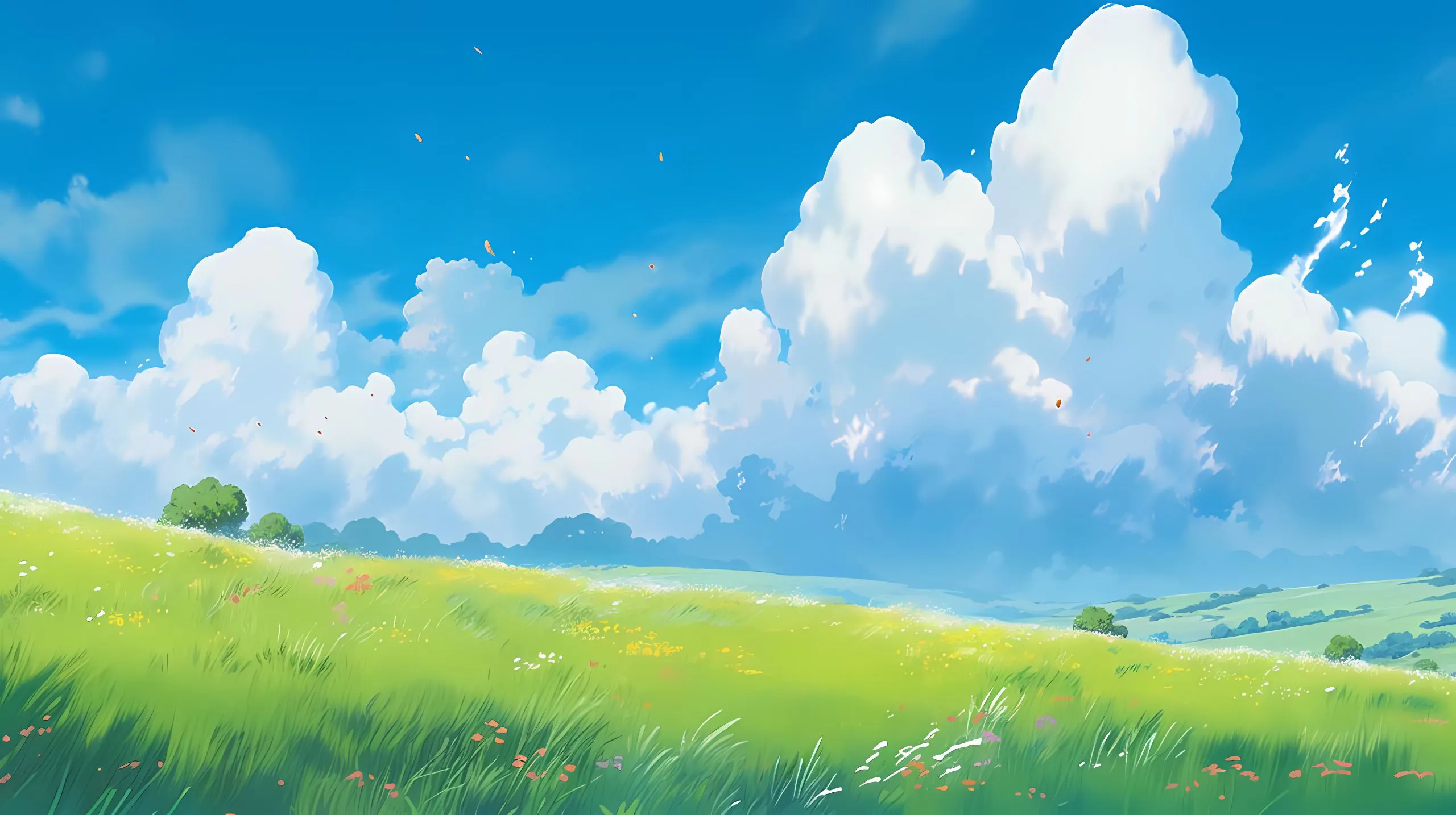 插画 田园风景 蓝色 草原 蓝天白云 壁纸预览