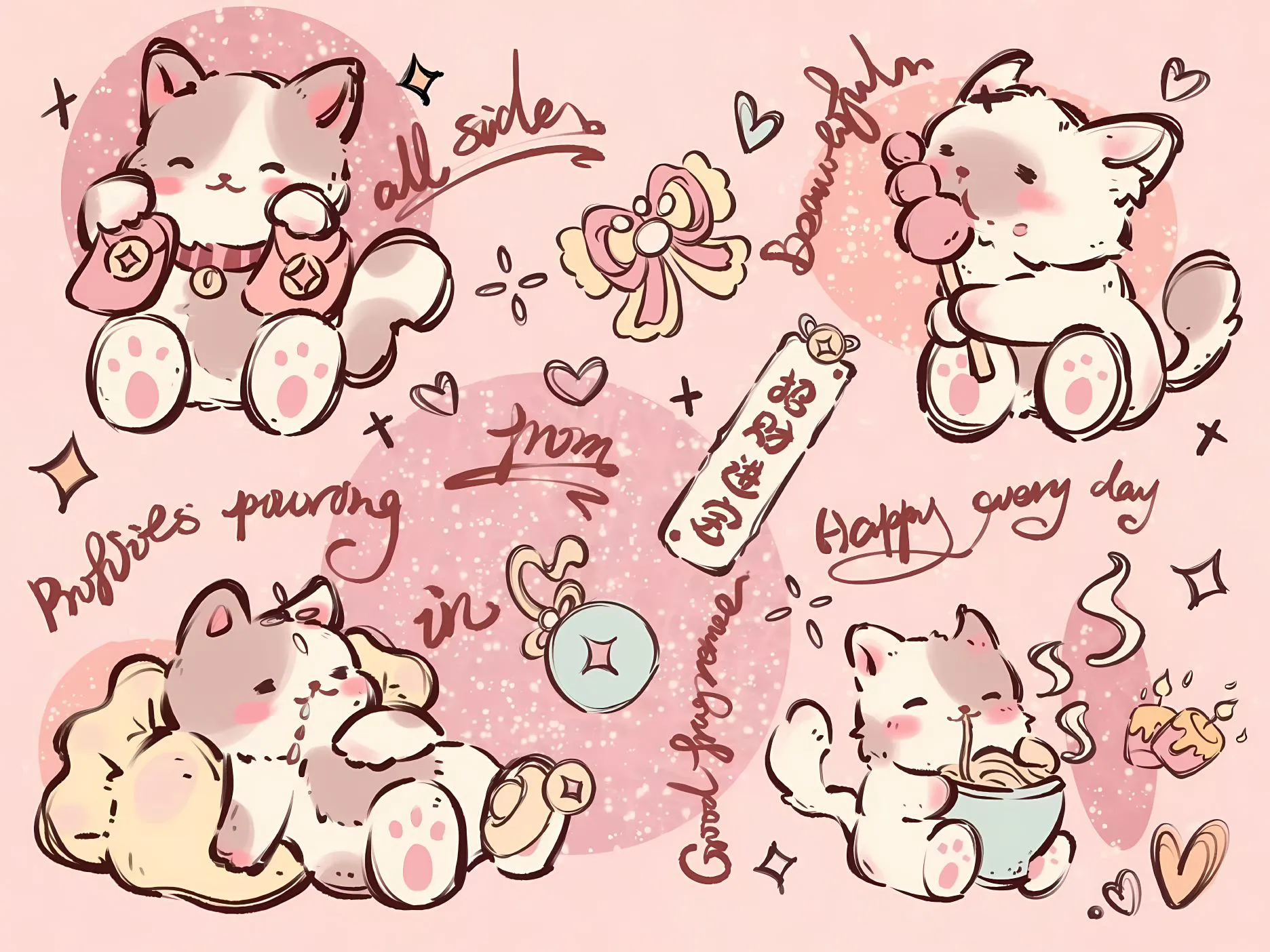 卡通 可爱 小猫 发财 好运 壁纸预览