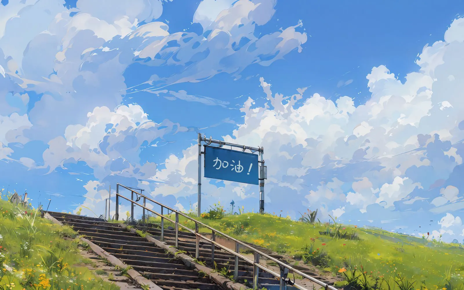 风景 插画 春日 加油 蓝天白云 壁纸预览
