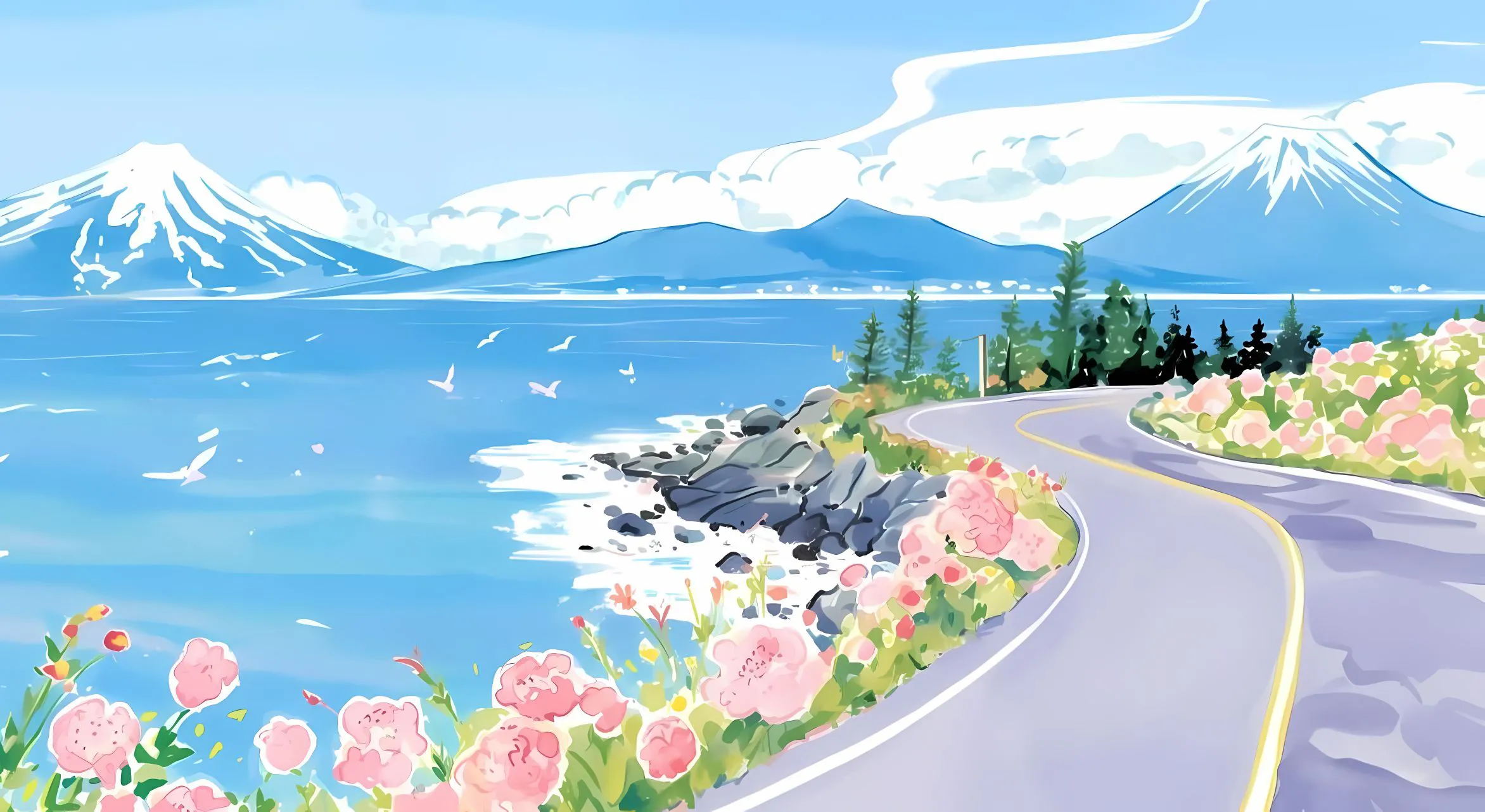 风景 手绘 一路生花 插画 海边 壁纸预览