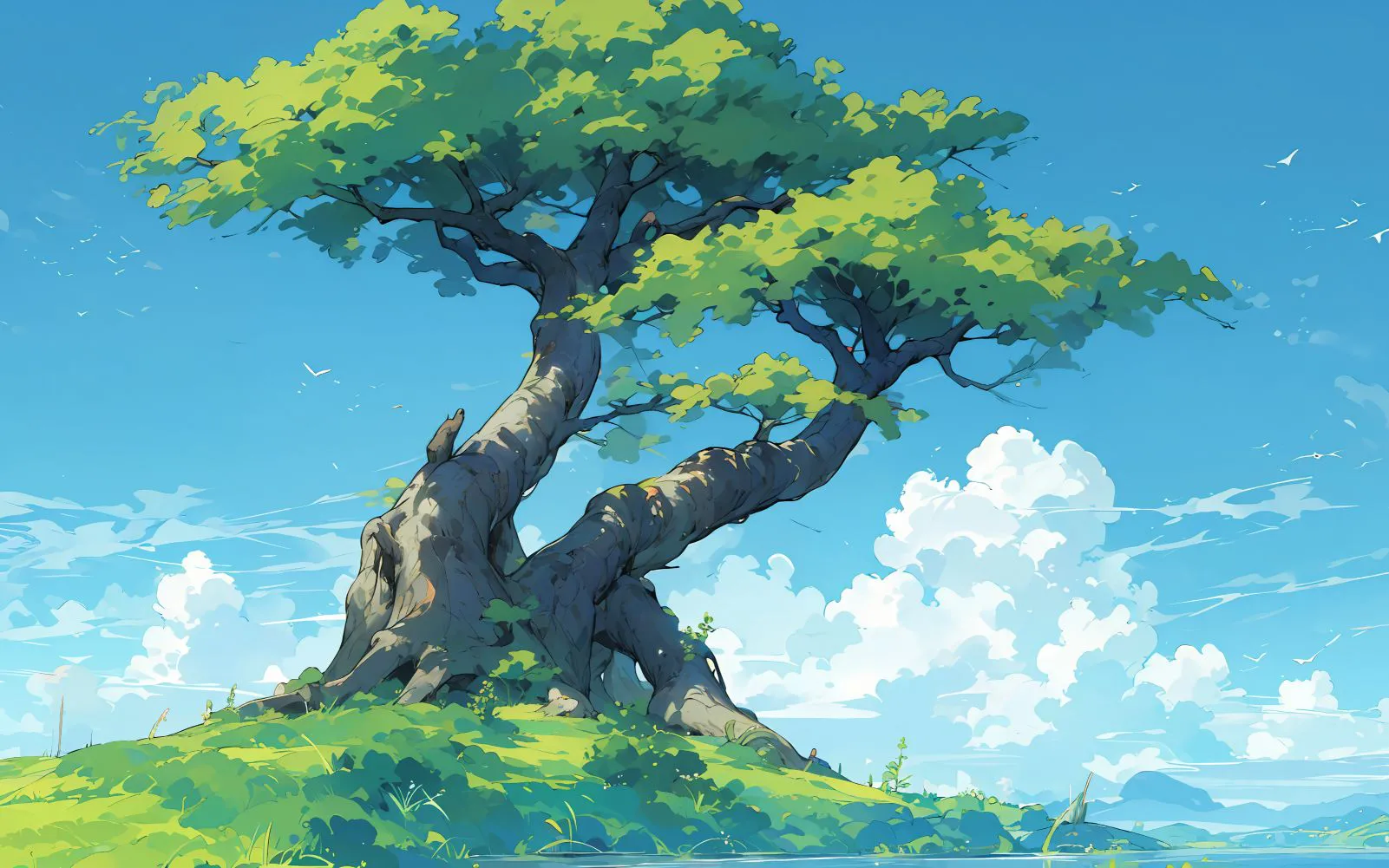 插画 田园风景 蓝天白云 绿树 护眼 壁纸预览