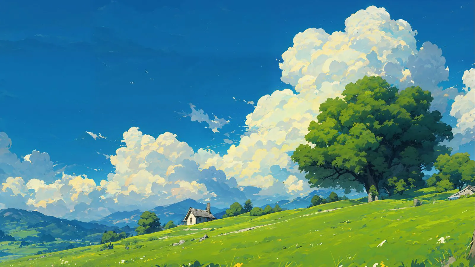 风景 插画 田园风景 蓝天白云 绿树 壁纸预览