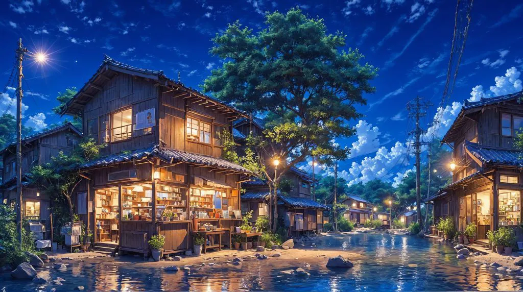 动漫 好看 动漫风 乡村 夜晚 壁纸预览