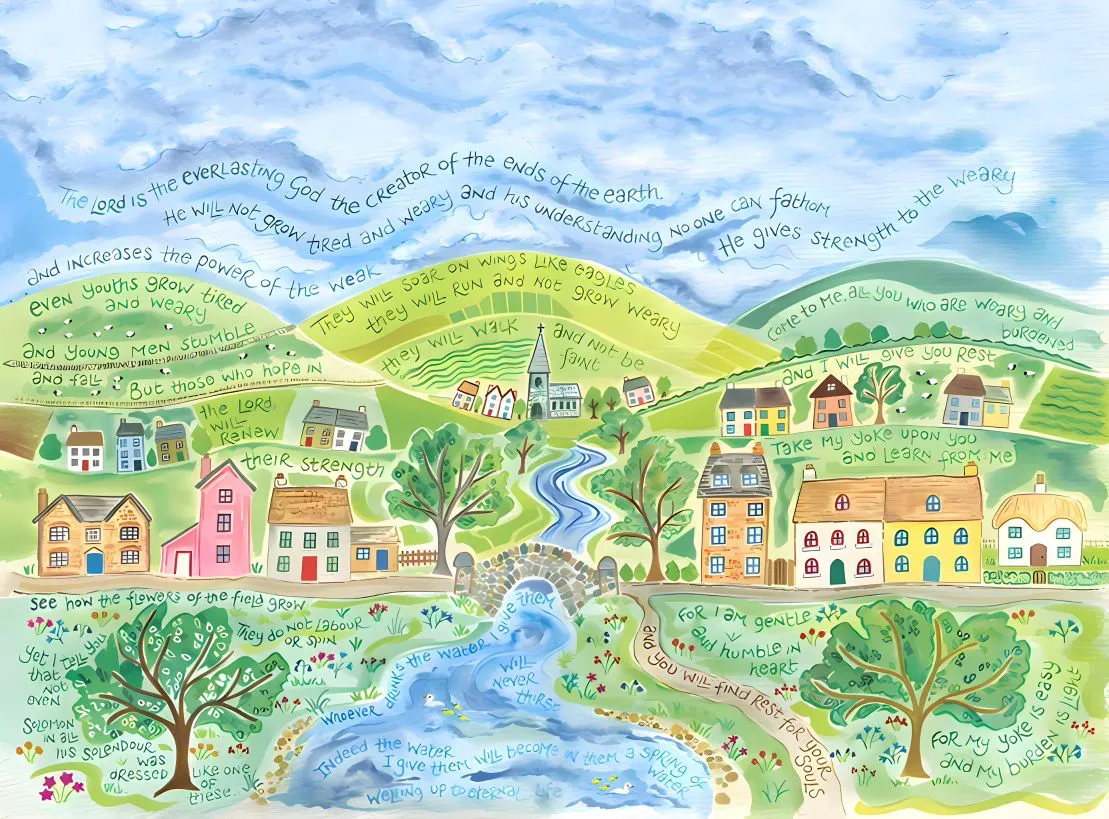 插画 手绘 童话小镇 绿色系 壁纸预览
