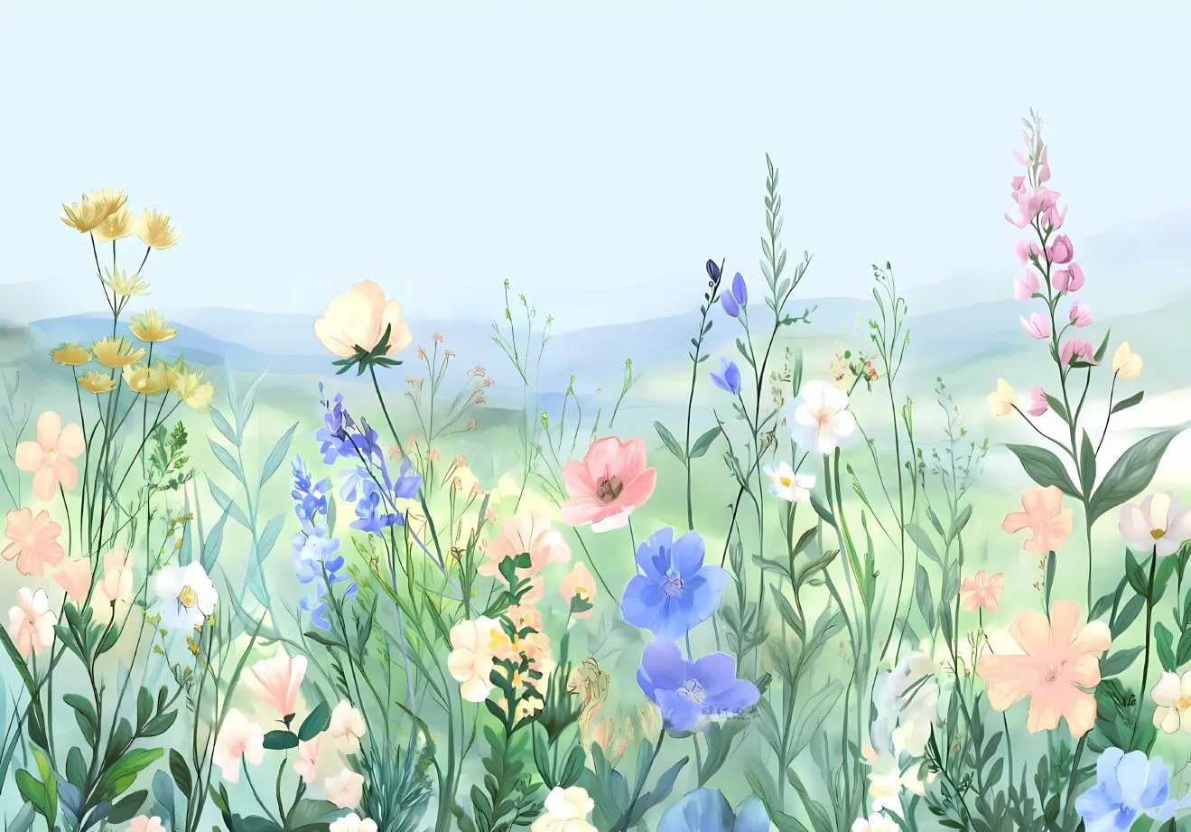 插画 春日 花丛 蓝色系 壁纸预览