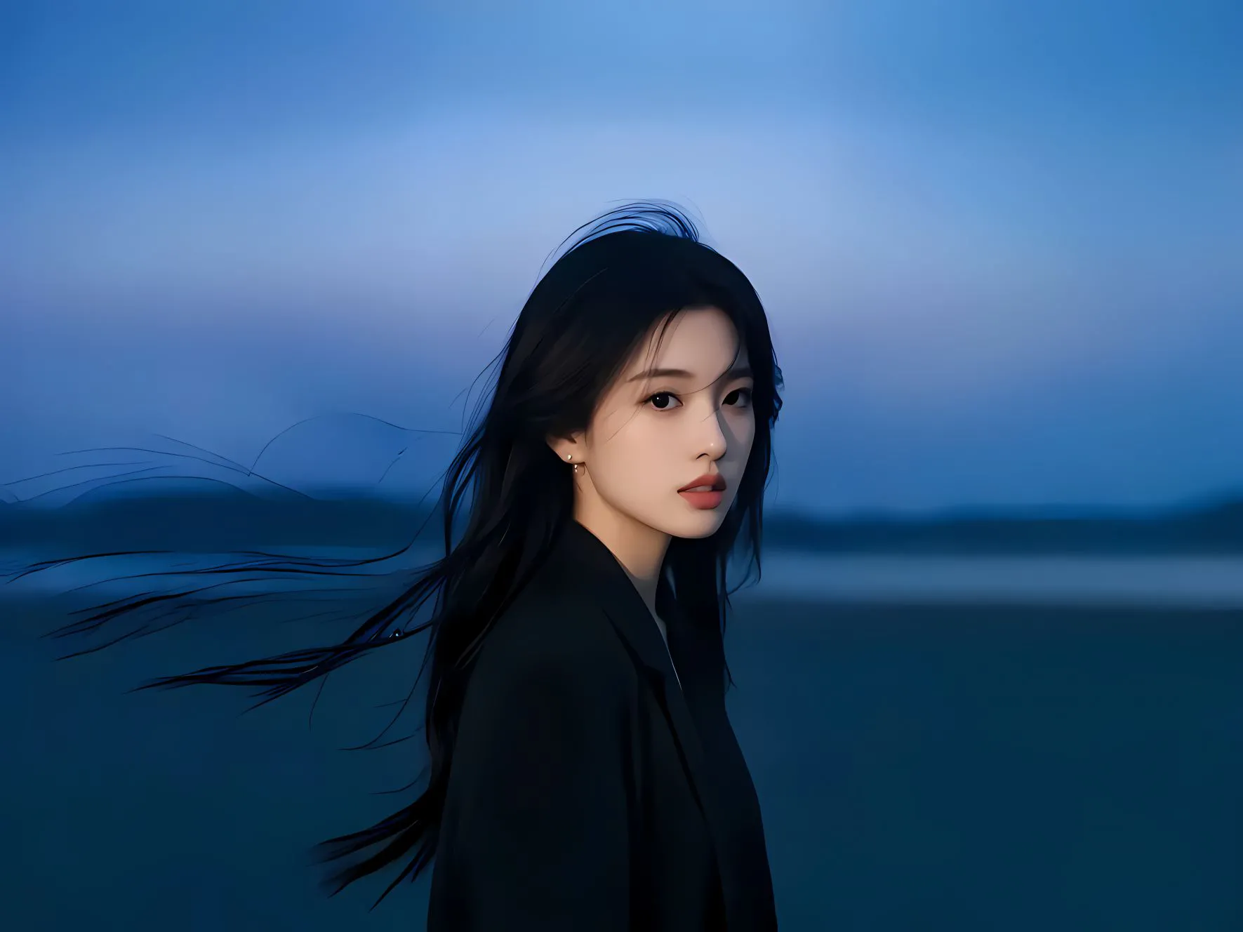 真人 美女 海边 夜景 美人 壁纸预览