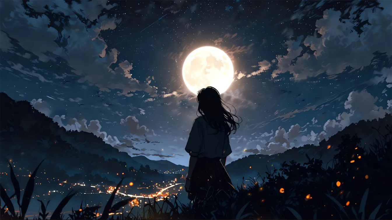 动漫 少女 月亮 夜晚 壁纸预览