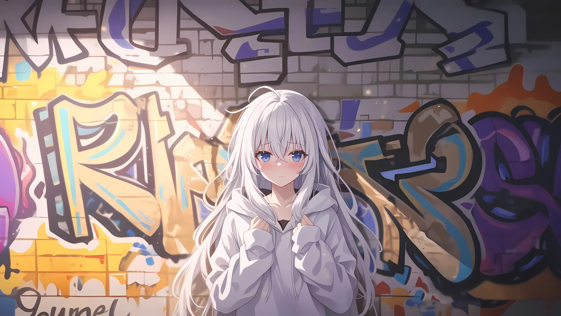 动漫 白发 长发少女 墙面 壁纸预览