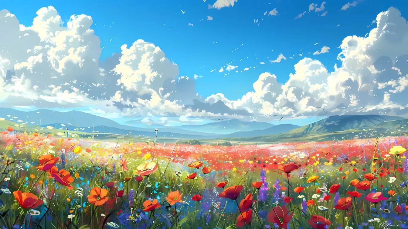 油画 蓝天白云 花卉 好看 风景 壁纸预览