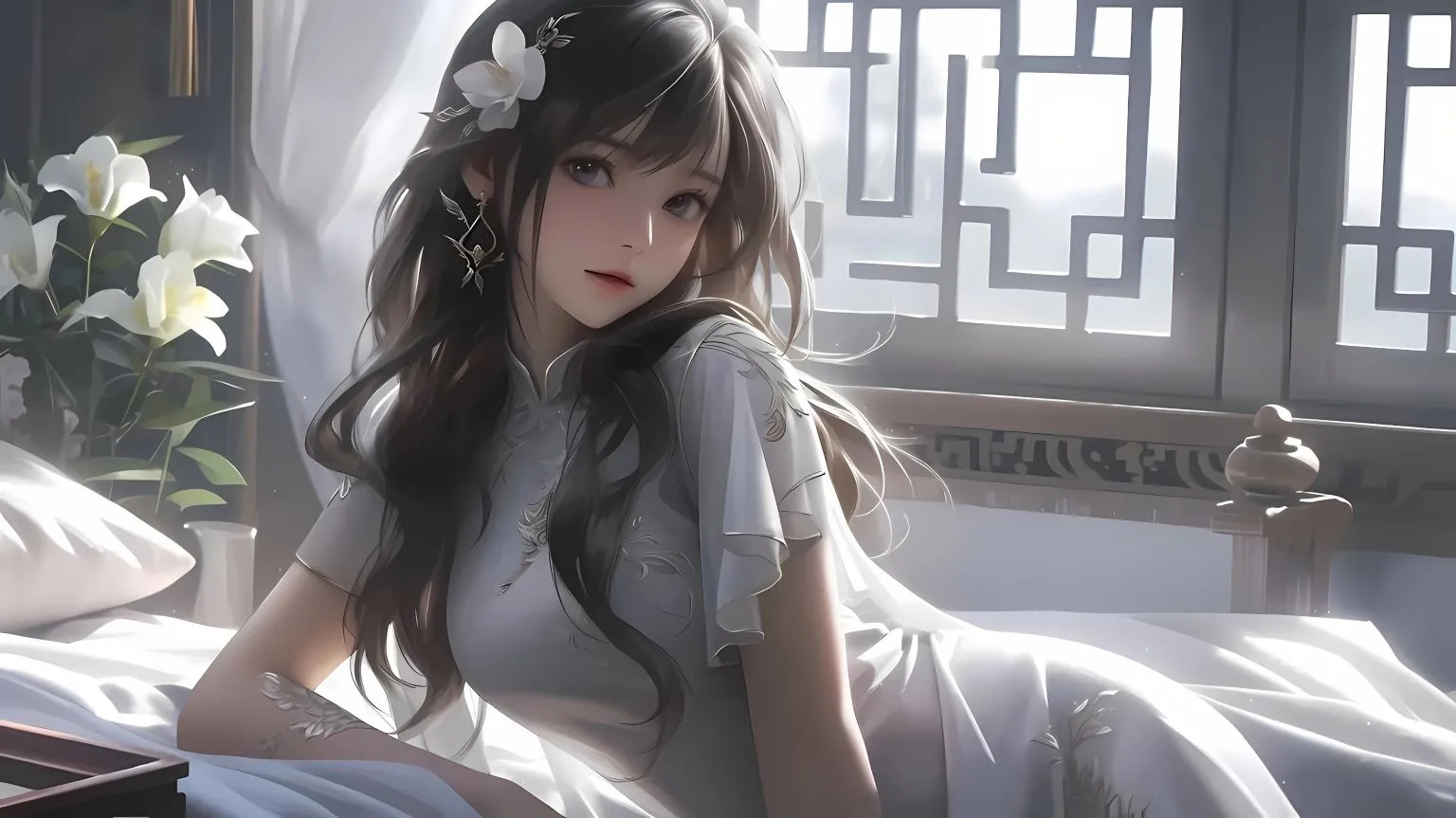 动漫 新中式旗袍少女 白花 卷发少女 壁纸预览