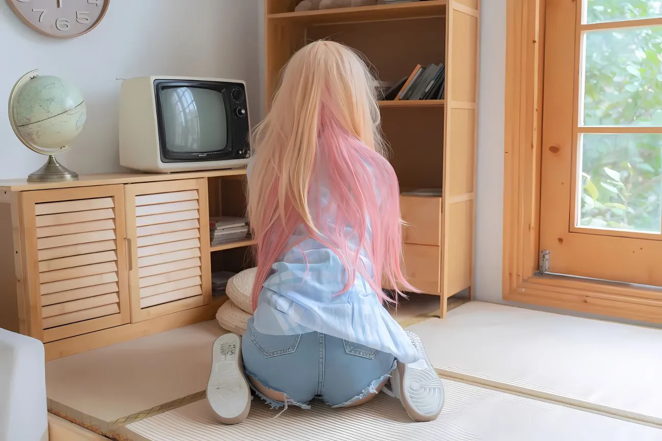 美女 背影 粉发少女 长发牛仔裤女孩 壁纸预览