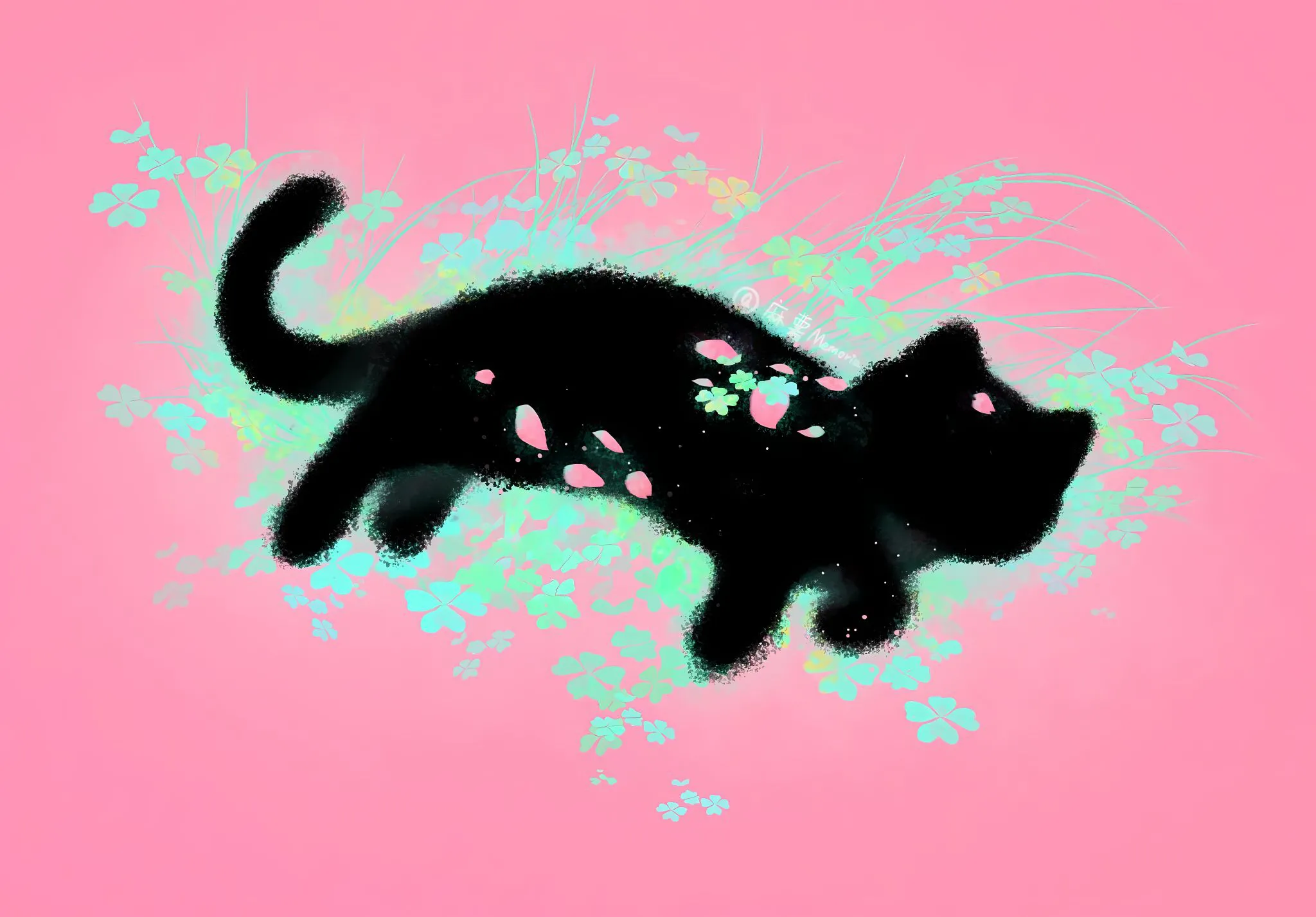 手绘 粉色系 猫猫 治愈 插画 壁纸预览