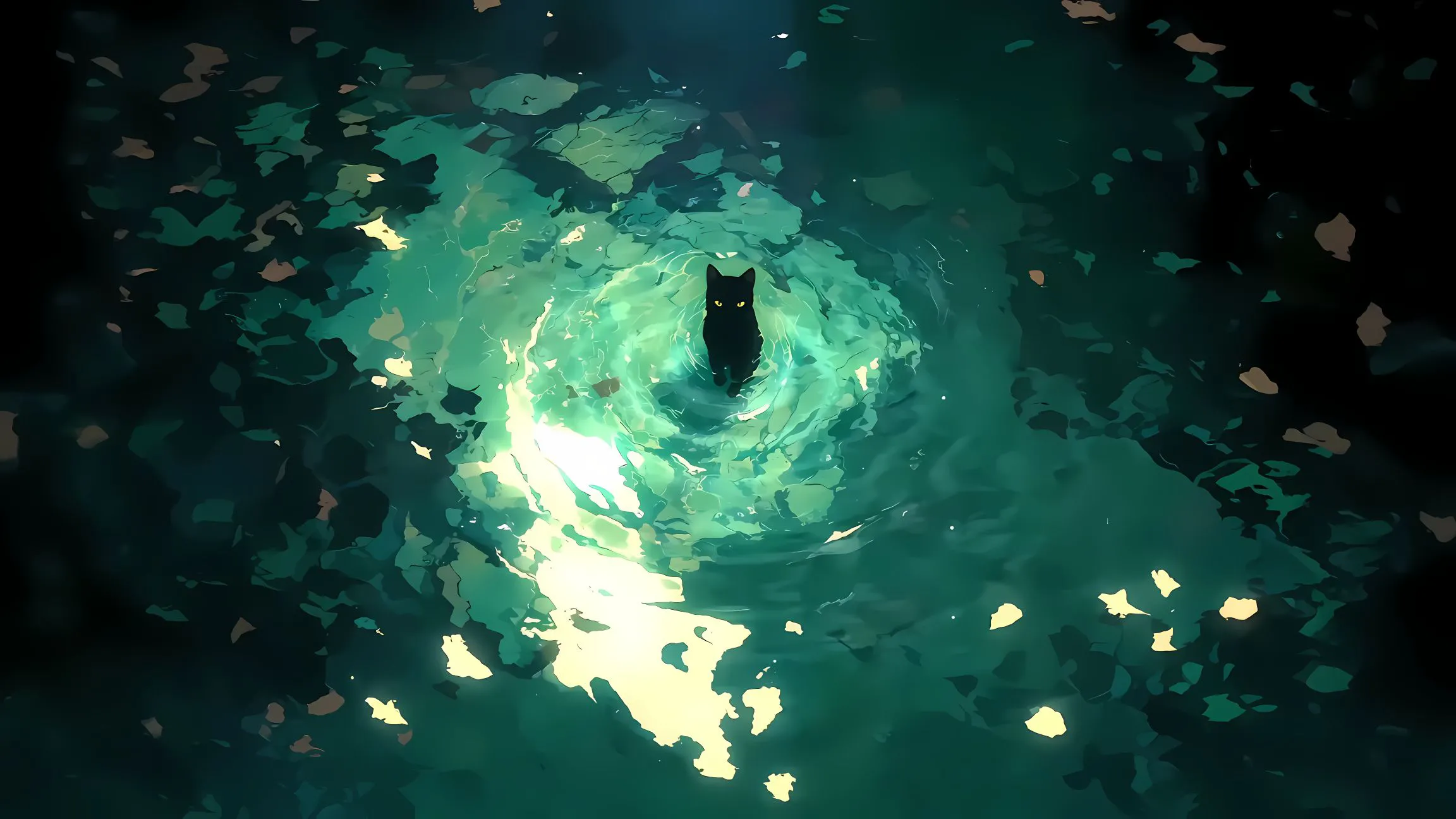 猫猫 绿色系 水 梦幻 插画 壁纸预览