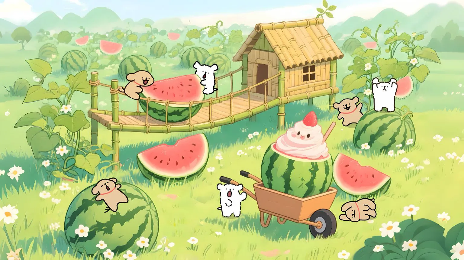 线条小狗 西瓜味的夏天 绿色系 可爱 卡通 壁纸预览