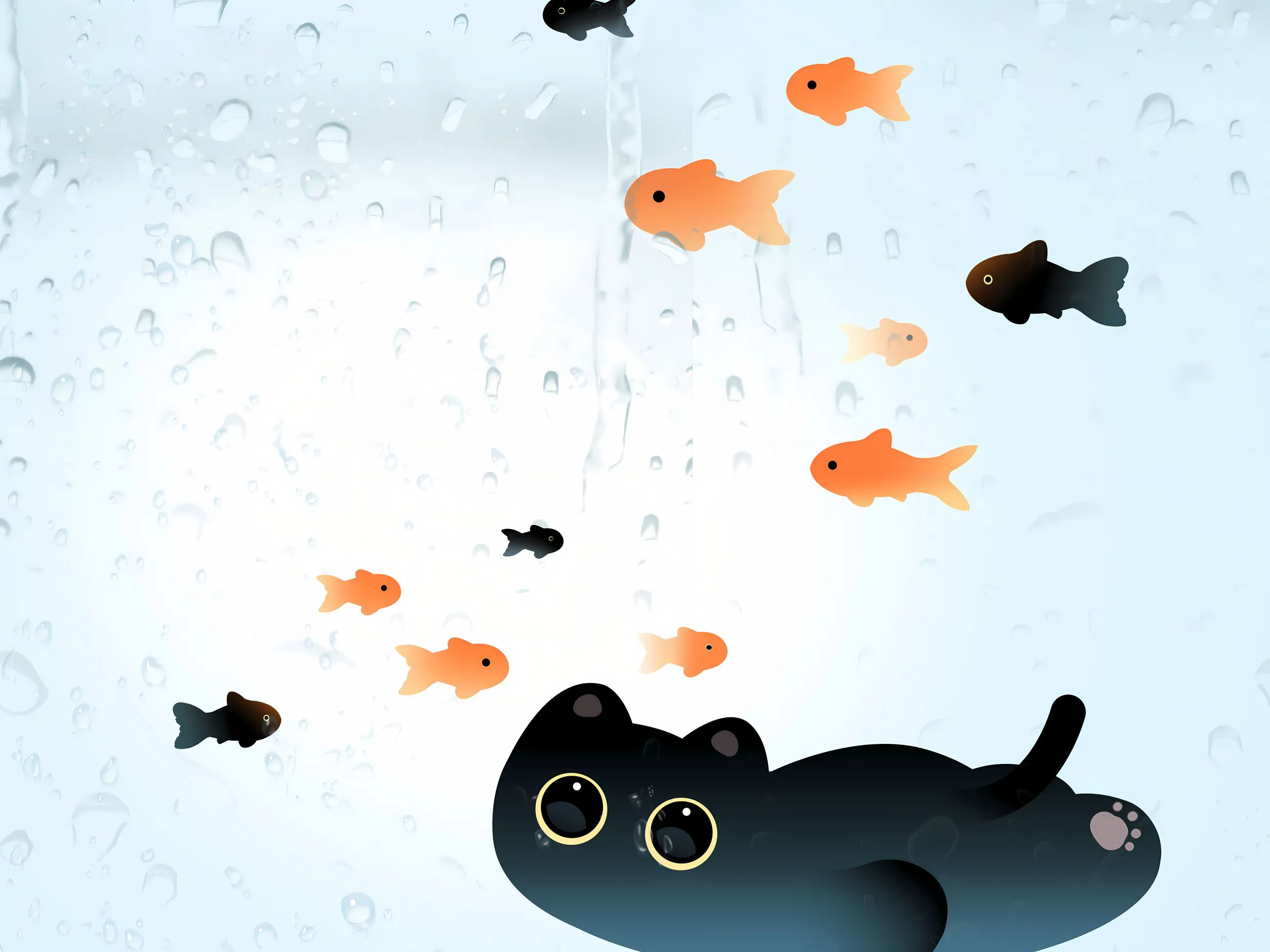 可爱 鱼缸里的猫 小黑猫 蓝色系 卡通 壁纸预览
