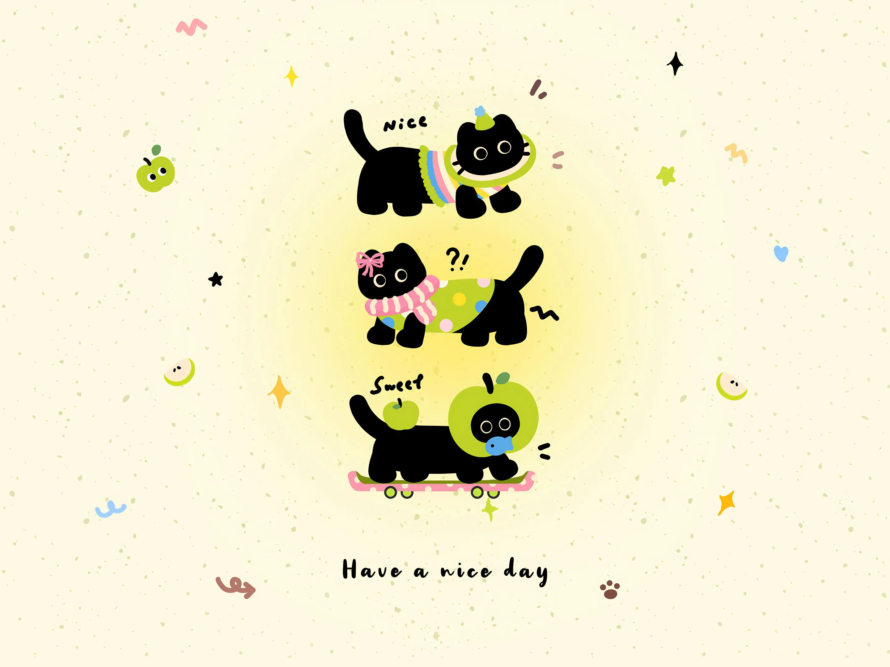 卡通 可爱 小猫咪 黄色系 苹果小猫 壁纸预览