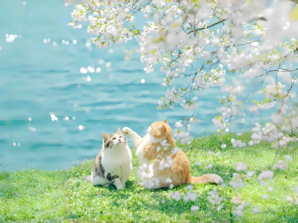 ins风 风景 小猫咪 樱花 水 壁纸预览