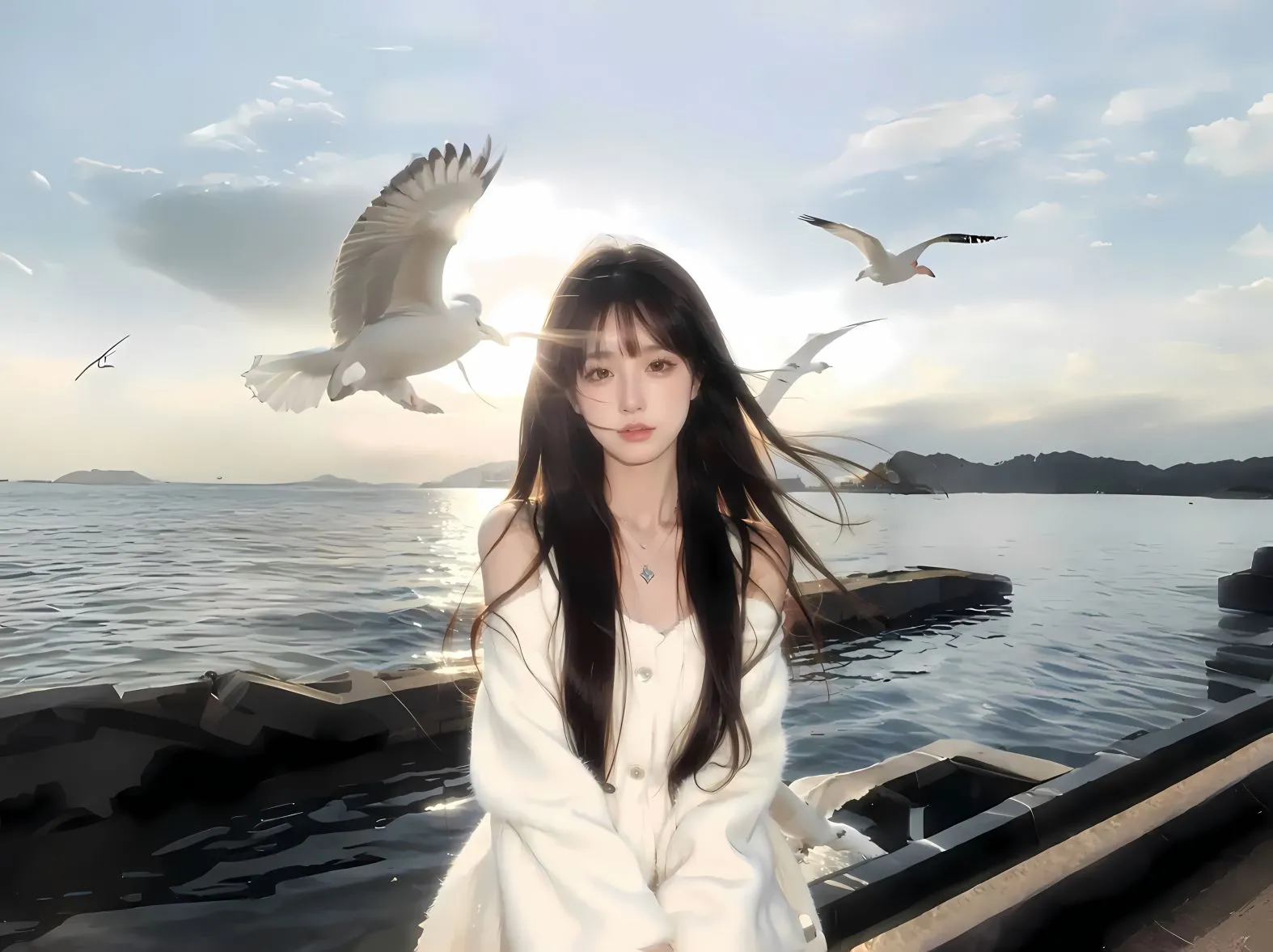 绝美 好看 海鸥 海岸 美女 壁纸预览