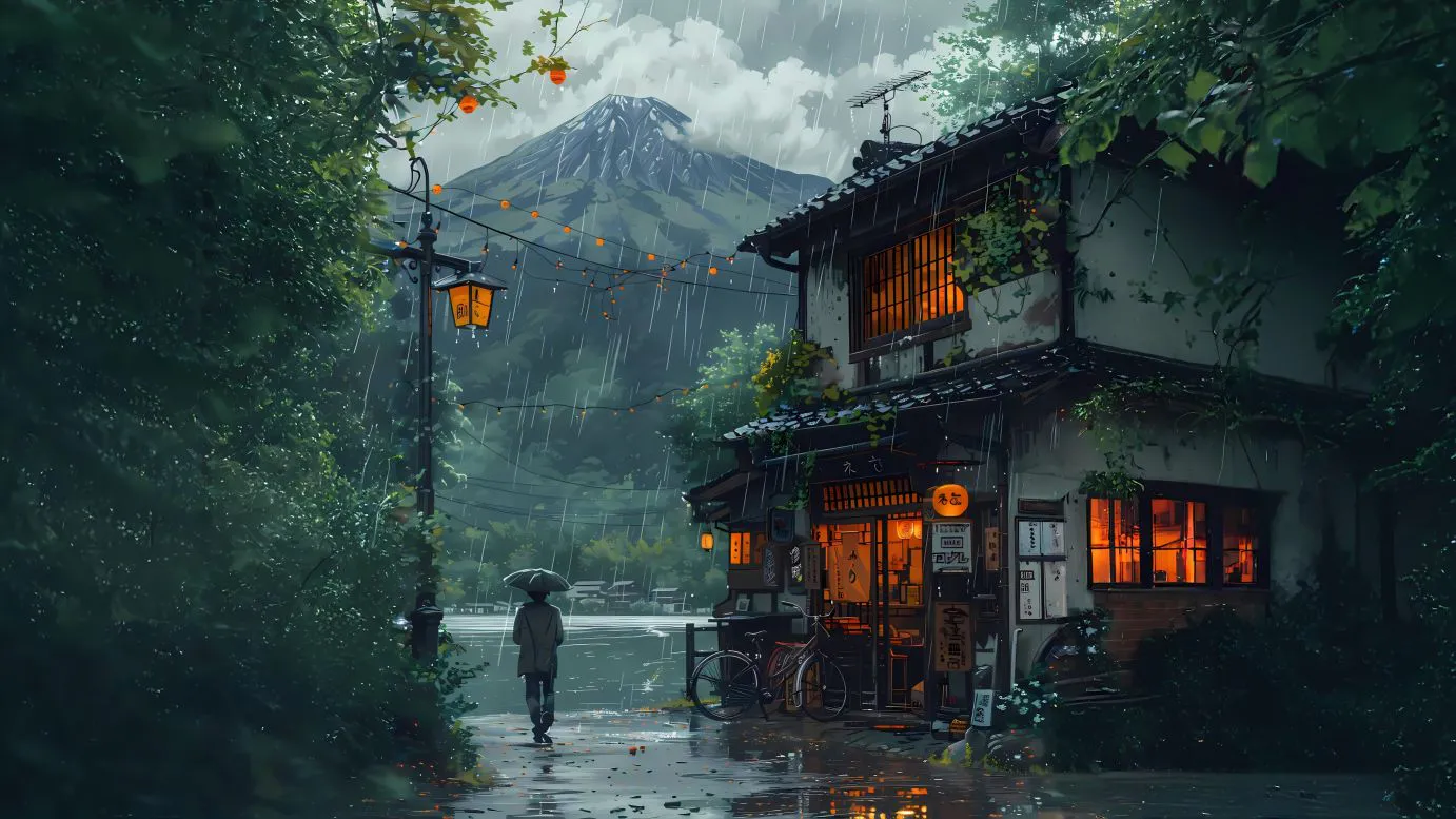 动漫 下雨天 夜晚 小屋 氛围 壁纸预览
