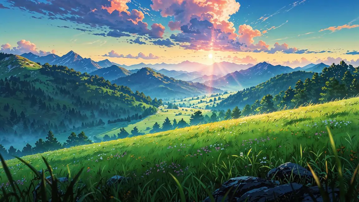ins风 风景 草地 绿色 动漫插画 壁纸预览