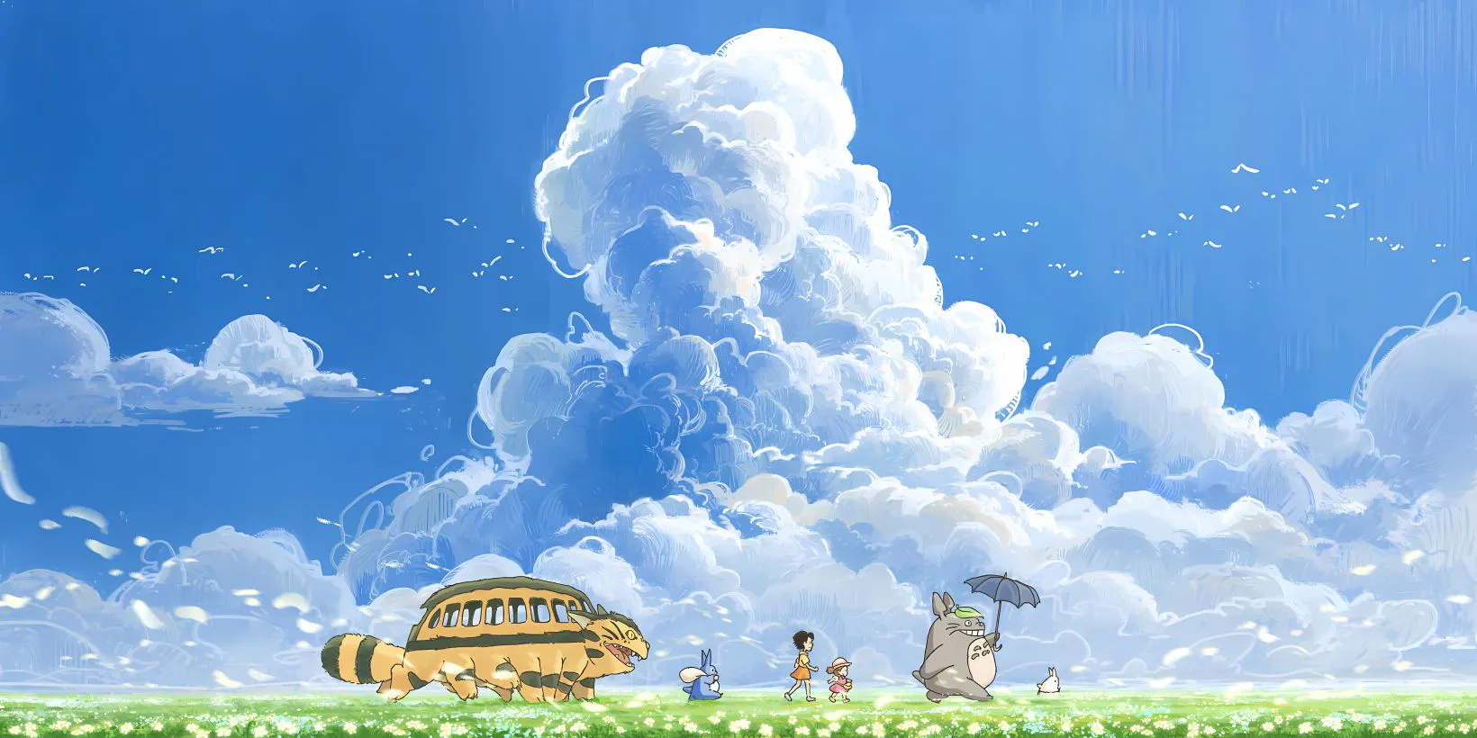 风景 简约 蓝天白云 插画 宫崎骏 壁纸预览