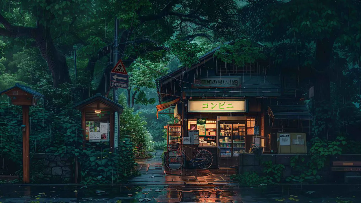 艺术性 风景 街角便利店 下雨天 小屋 壁纸预览