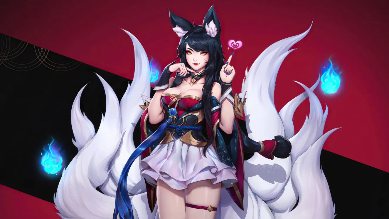 动漫 九尾狐少女 红色 二次元 壁纸预览