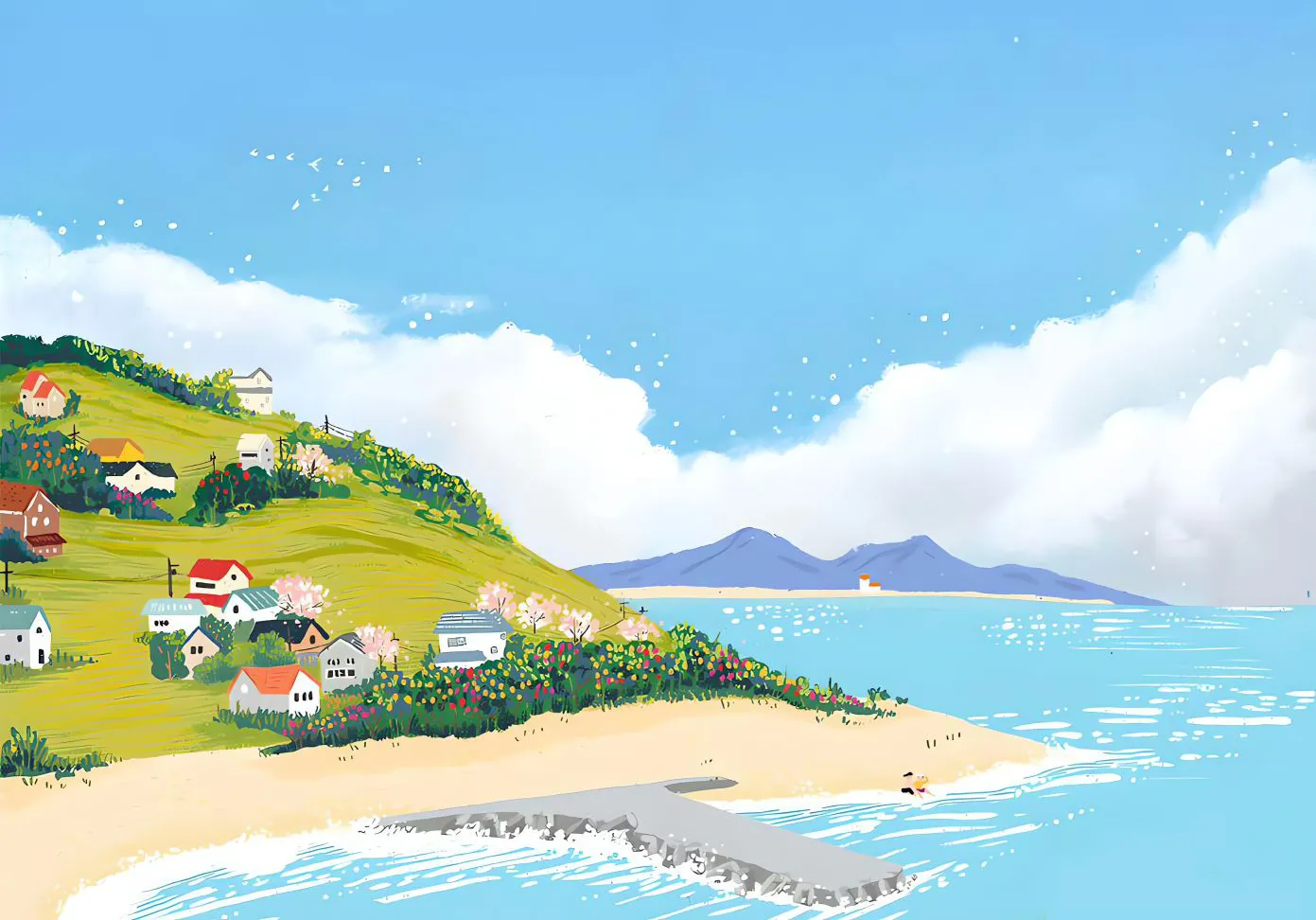 风景 油画风 手绘 海边 蓝天 壁纸预览