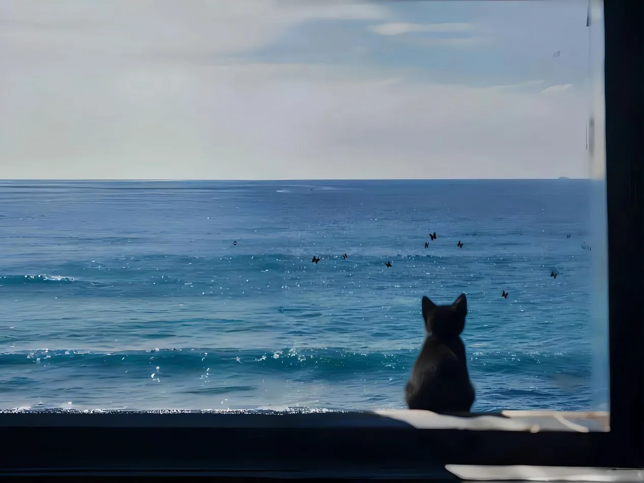 风景 海边 氛围感 蓝色系 小猫咪 壁纸预览