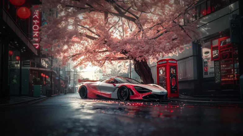 跑车 红色跑车 樱花 ins风 壁纸预览