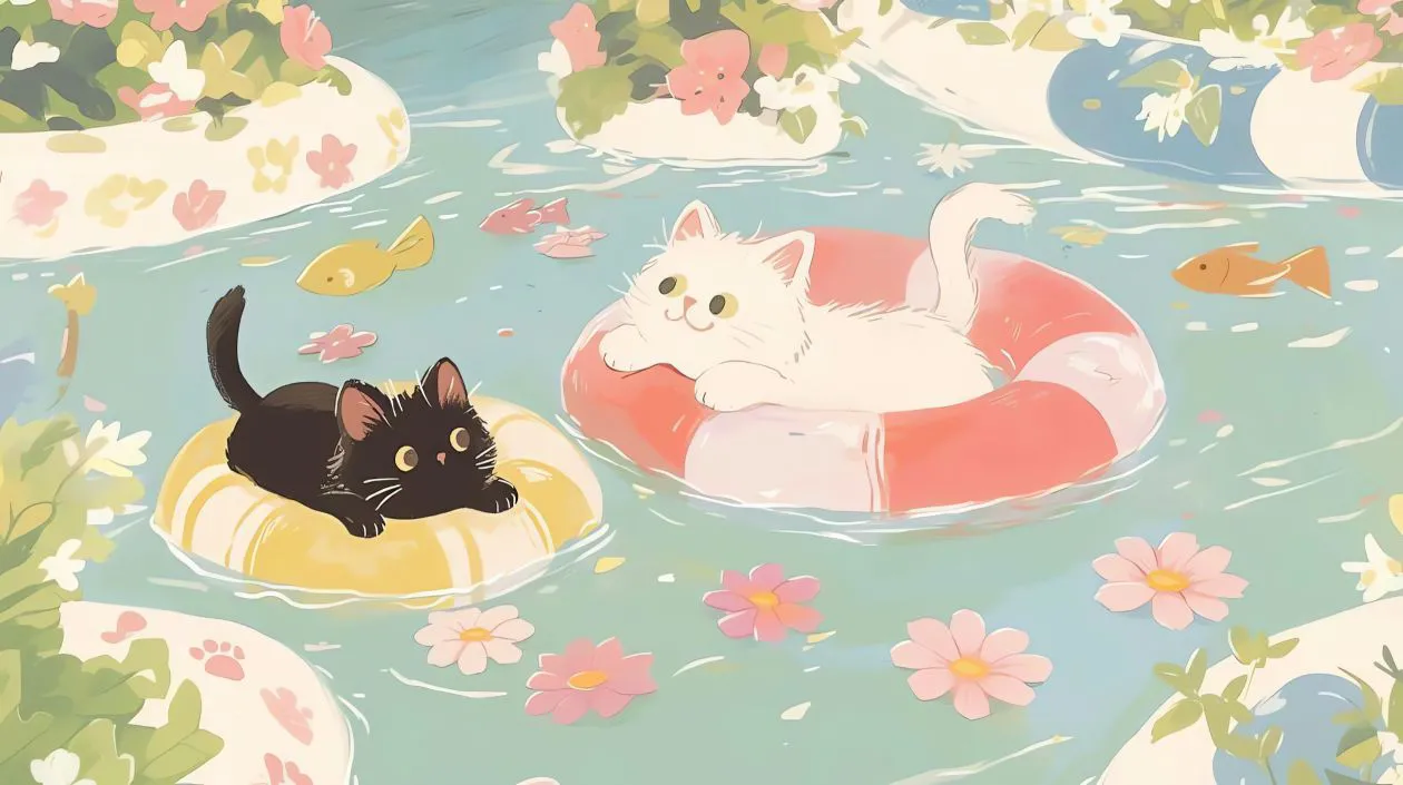 猫猫 可爱 插画 游泳 动物 壁纸预览