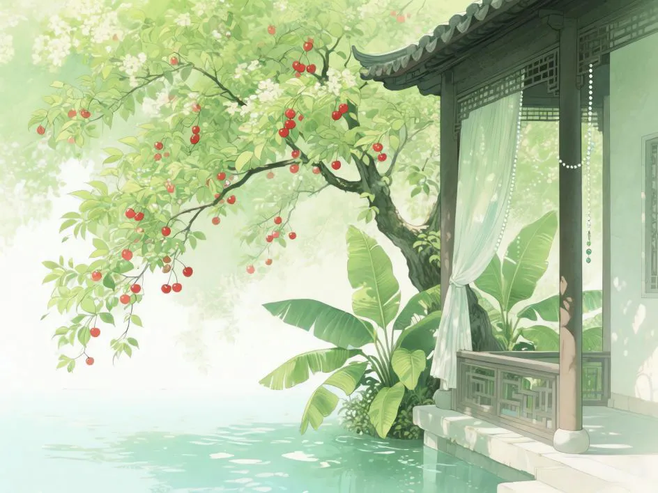 手绘 樱桃 芭蕉 绿色系 风景 壁纸预览