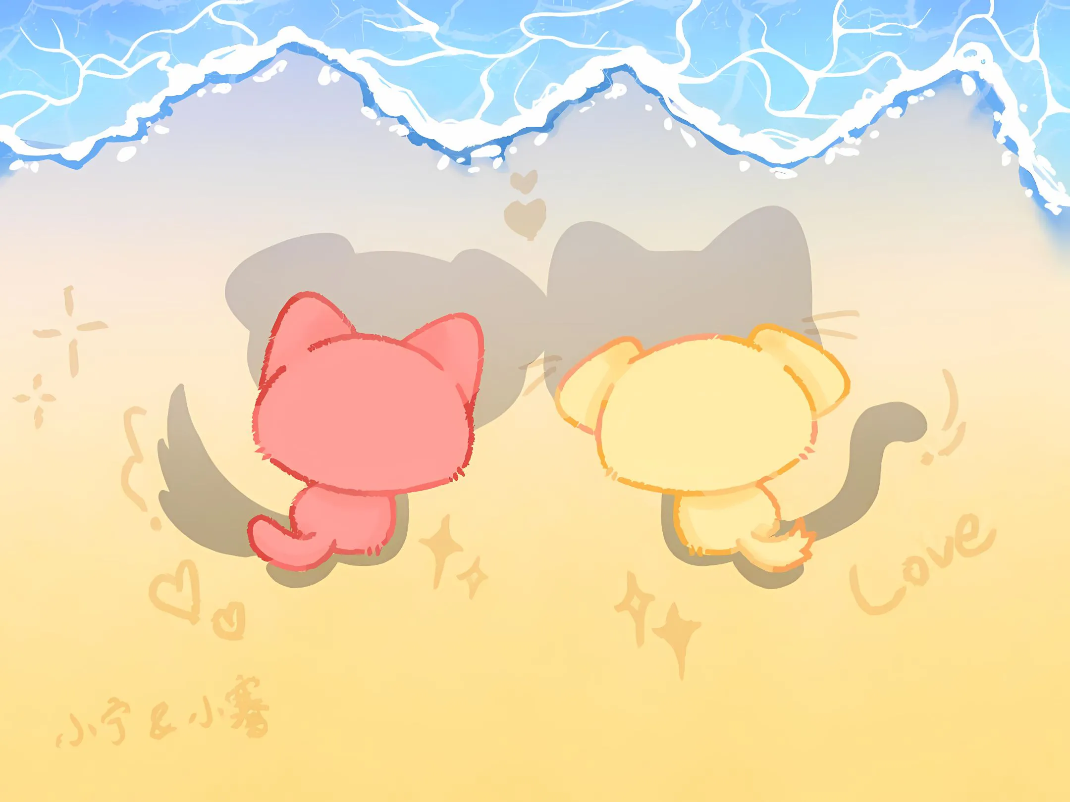 卡通 插画 可爱 小猫 海边 壁纸预览