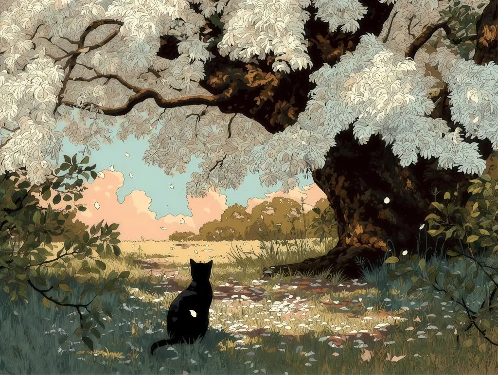 插画 可爱 小猫 樱花树下 卡通 壁纸预览