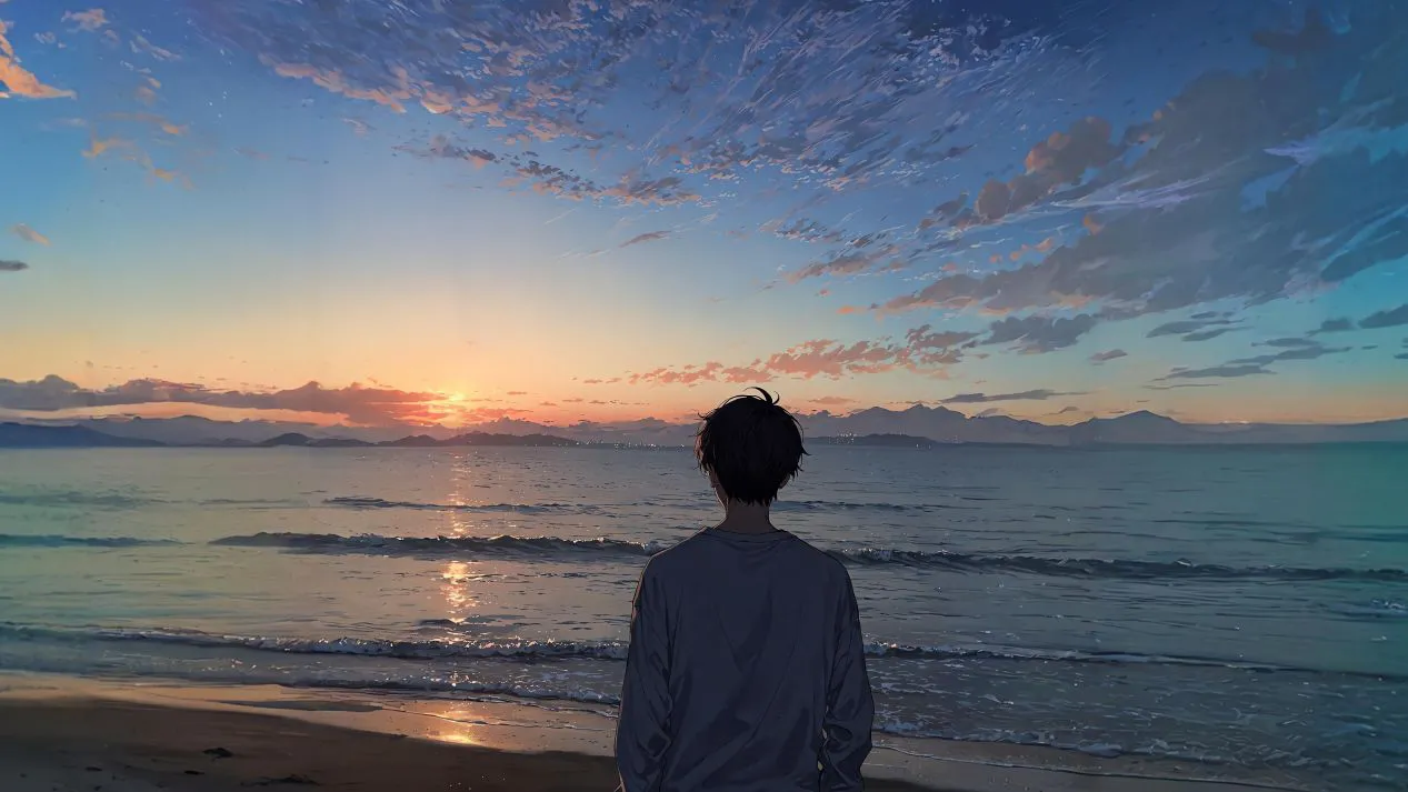 动漫 海边 二次元 落日余晖 壁纸预览