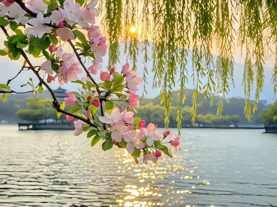 风景 氛围感 春日 湖畔 桃花 壁纸预览