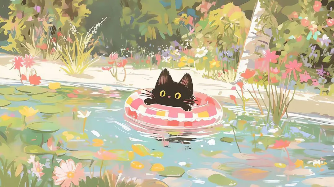 可爱 猫猫 游泳 夏天 卡通 壁纸预览