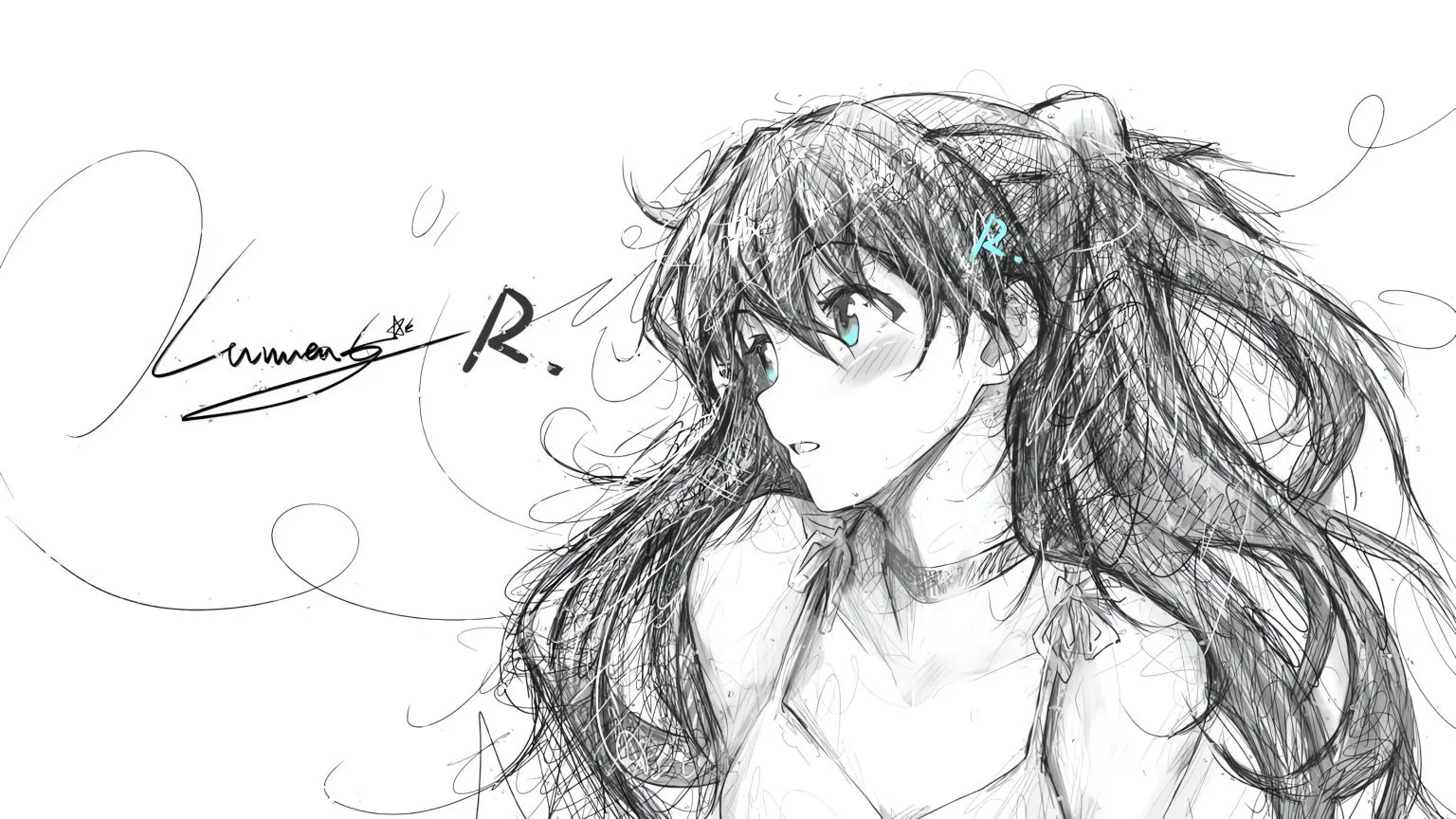 动漫少女 黑白 素描 元气少女 动漫 壁纸预览