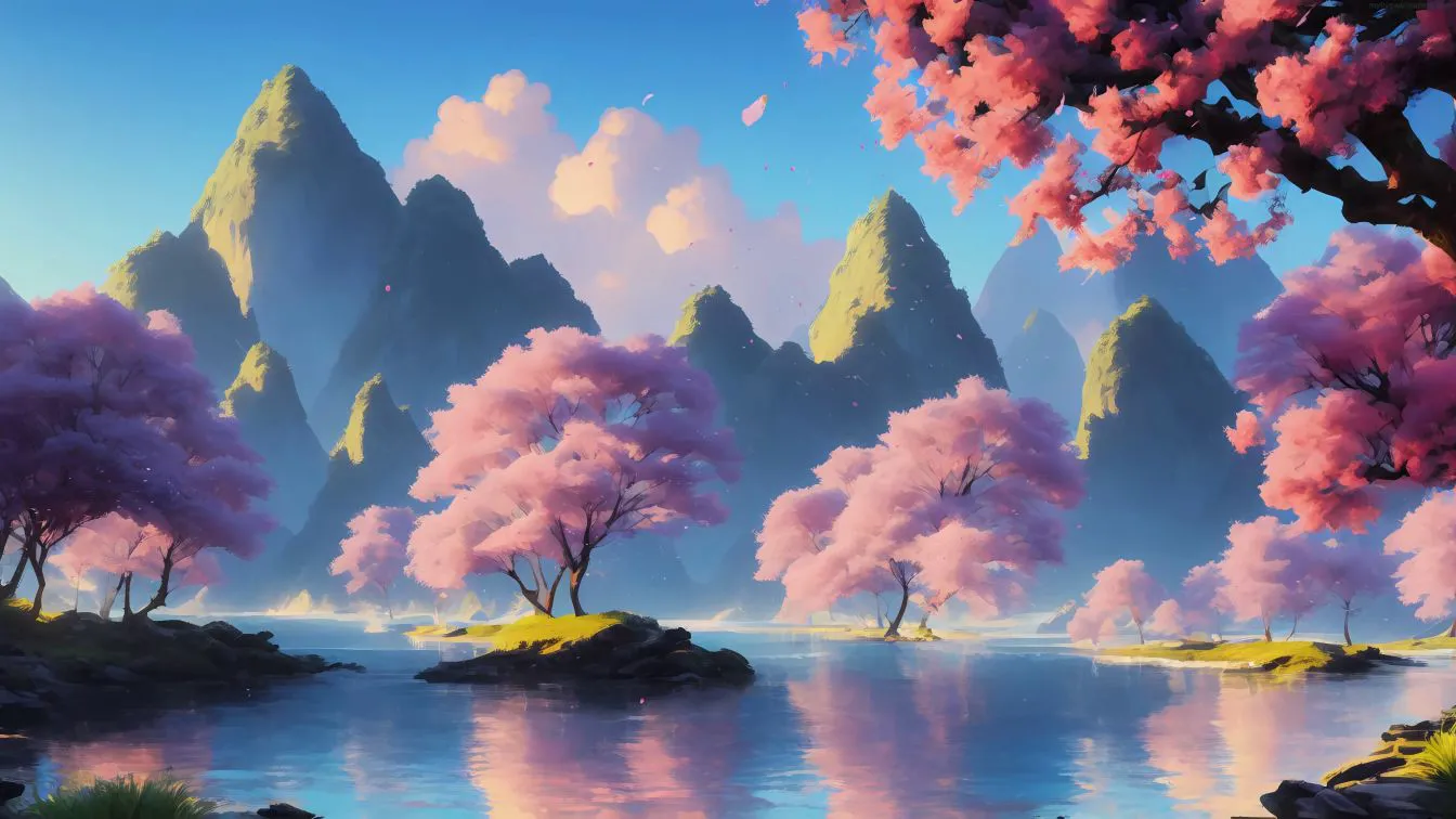 动漫场景 ins风 粉色 cheery blossom lake 壁纸预览