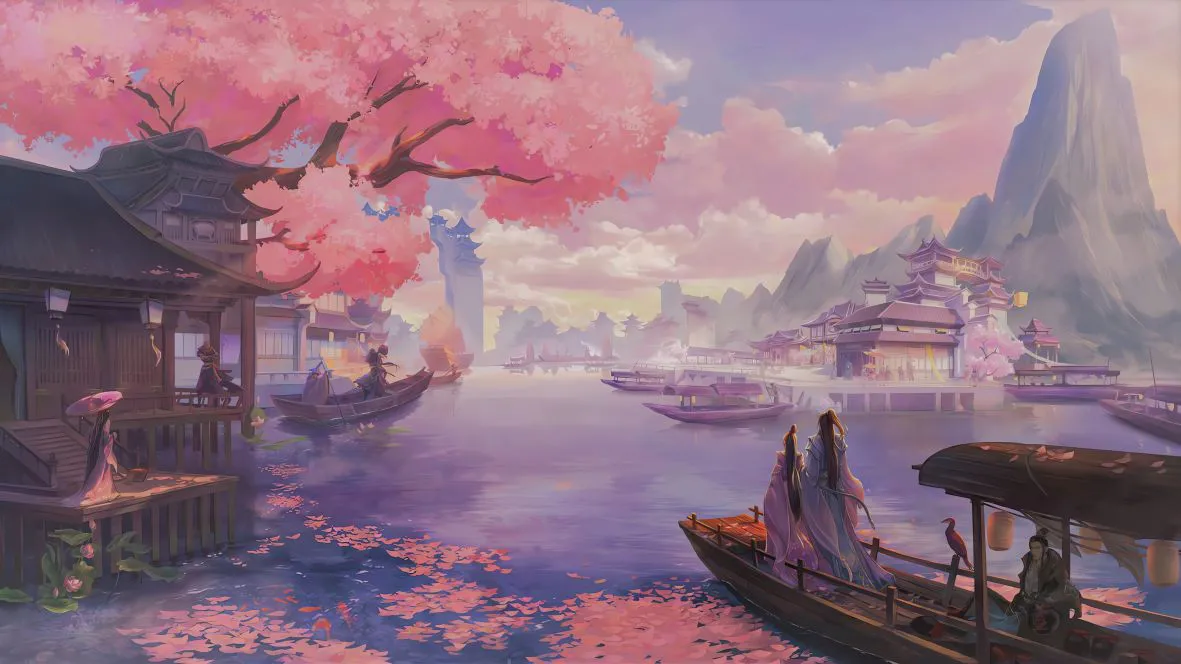 动漫场景 ins风 粉色 cheery blossom lake 壁纸预览