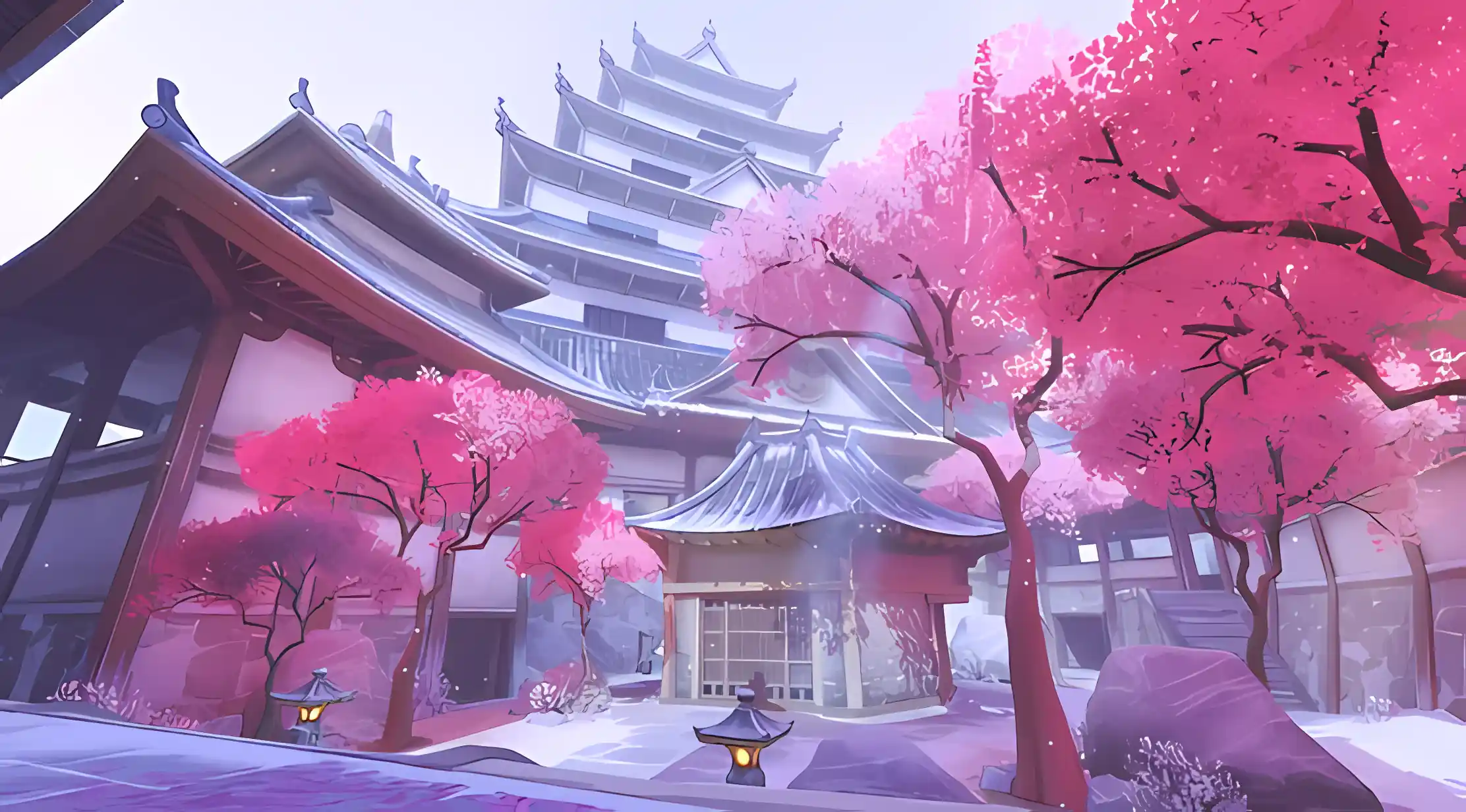 日式庭院 樱花 传统建筑 和风 粉色系 游戏场景 壁纸预览