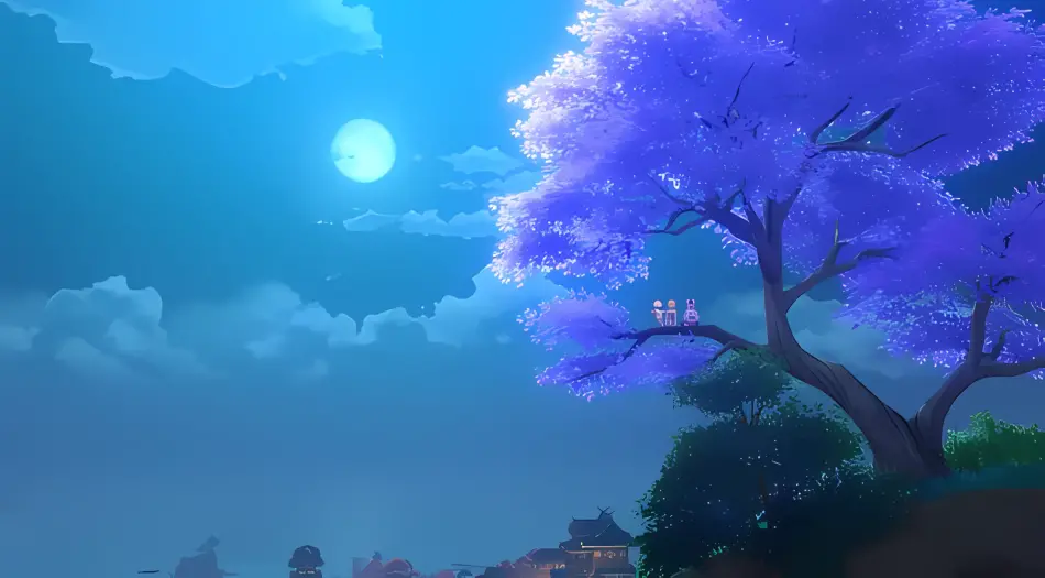 动漫场景,月夜,樱花树,治愈系,梦幻蓝紫色调,古风建筑,浪漫氛围,二次元风景 壁纸预览