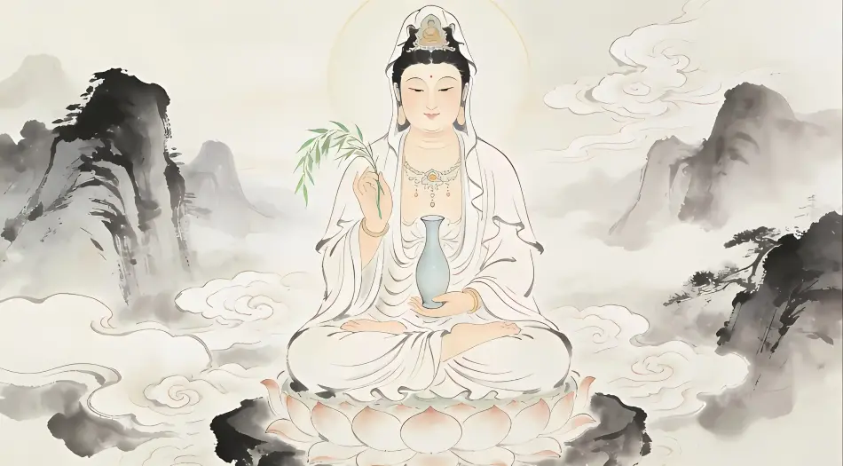 观音菩萨,水墨画,佛教艺术,莲花座,山水背景,东方美学,禅意,传统绘画,白色调,祥云 壁纸预览