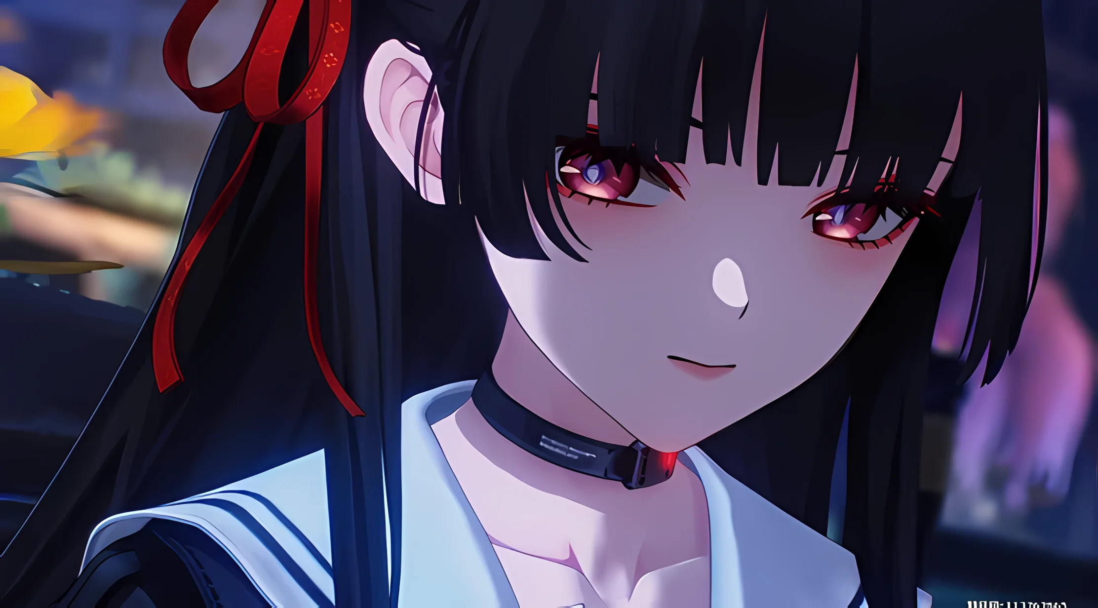 动漫少女 黑发 红瞳 项圈 水手服 夜景 壁纸预览