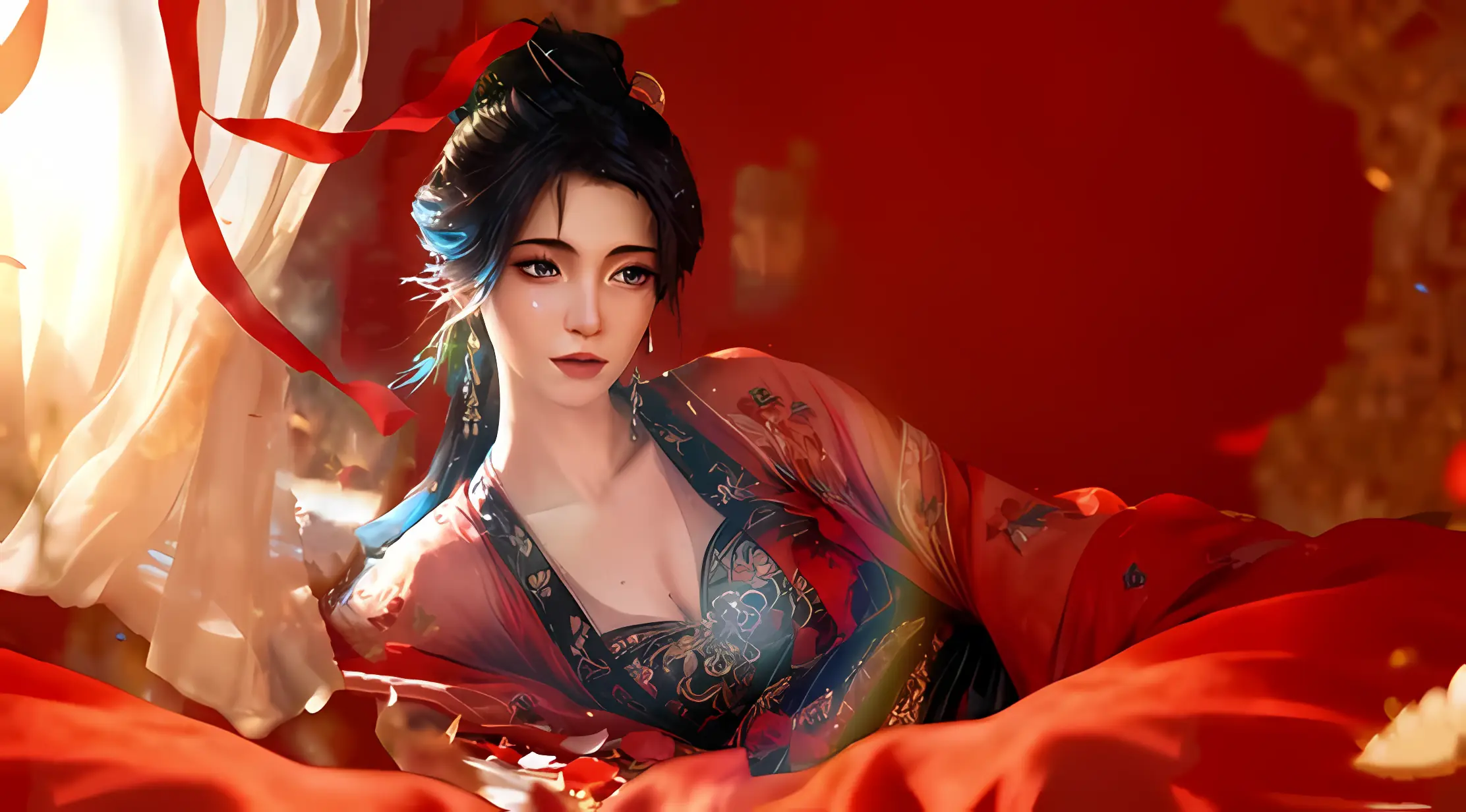 古风美女 红色系 唐风汉服 光影艺术 数字绘画 东方美学 壁纸预览