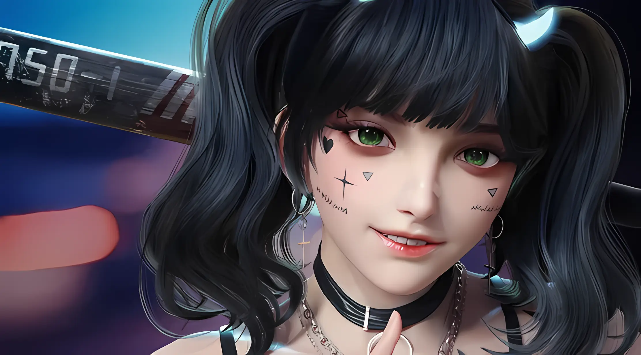 赛博朋克 少女 黑色长发 绿色眼睛 面部纹身 棒球棍 壁纸预览