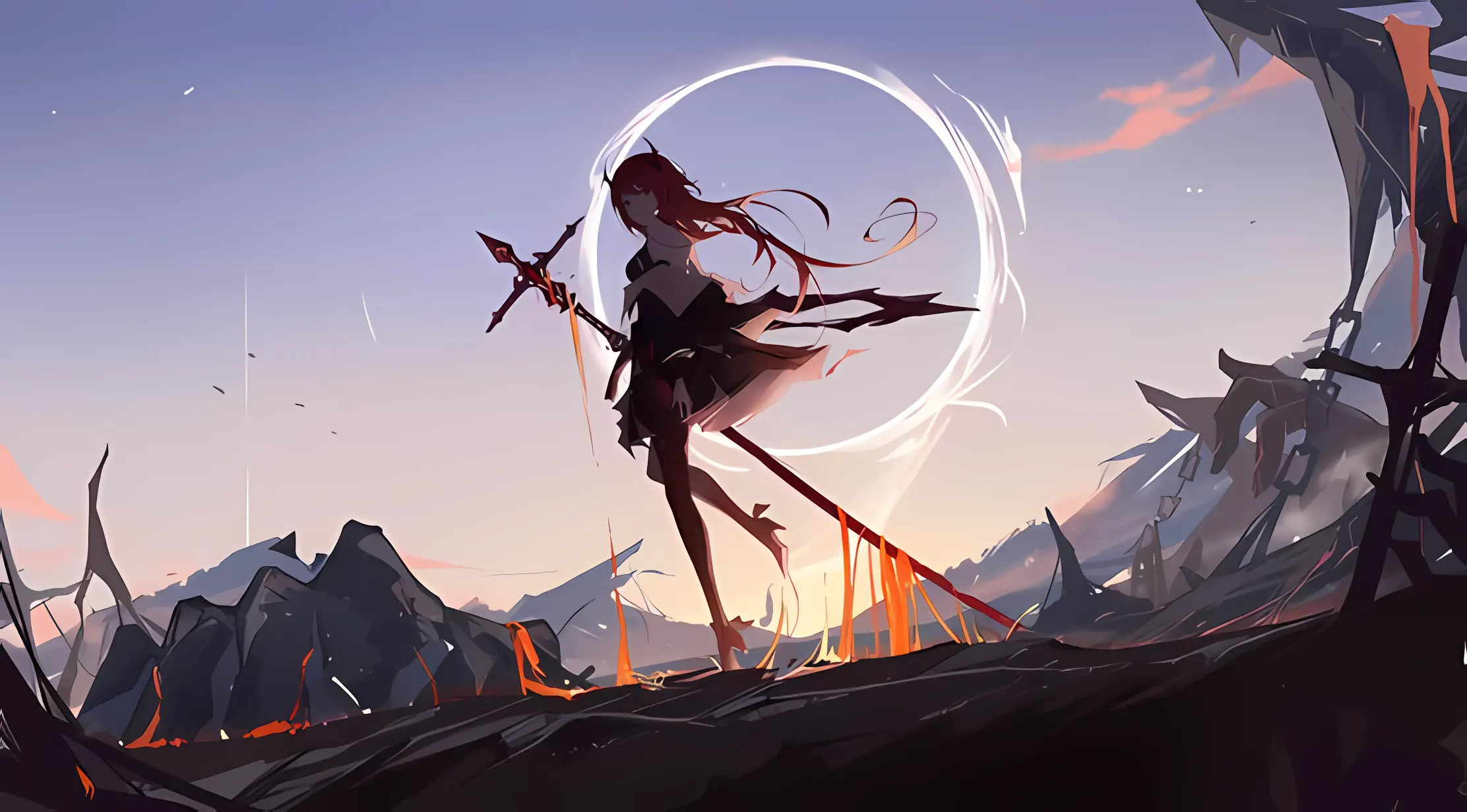 动漫少女 红色长发 魔法光环 黄昏天空 废墟场景 战斗姿态 壁纸预览