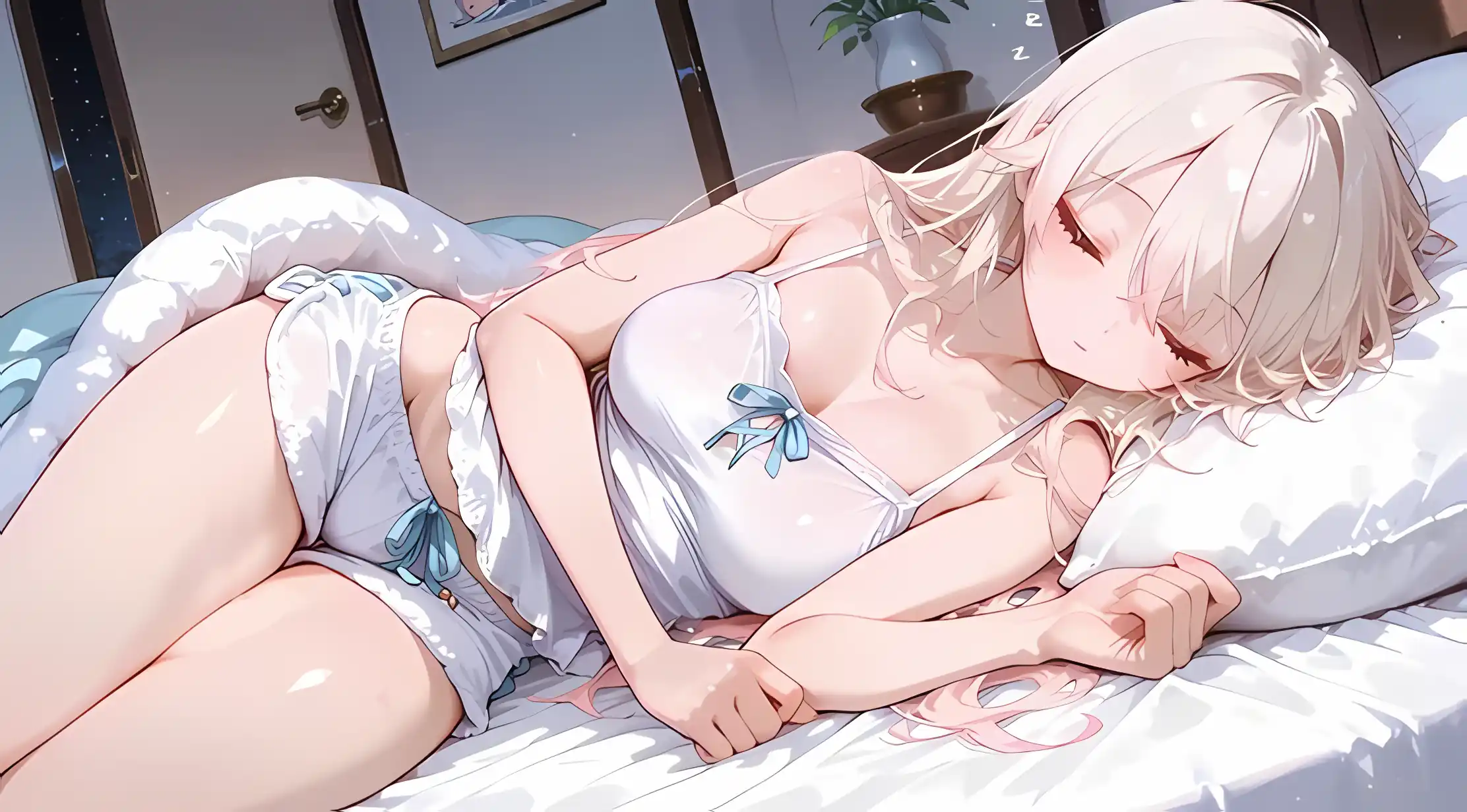 少女 睡颜 金发 白色连衣裙 卧室 阳光 壁纸预览